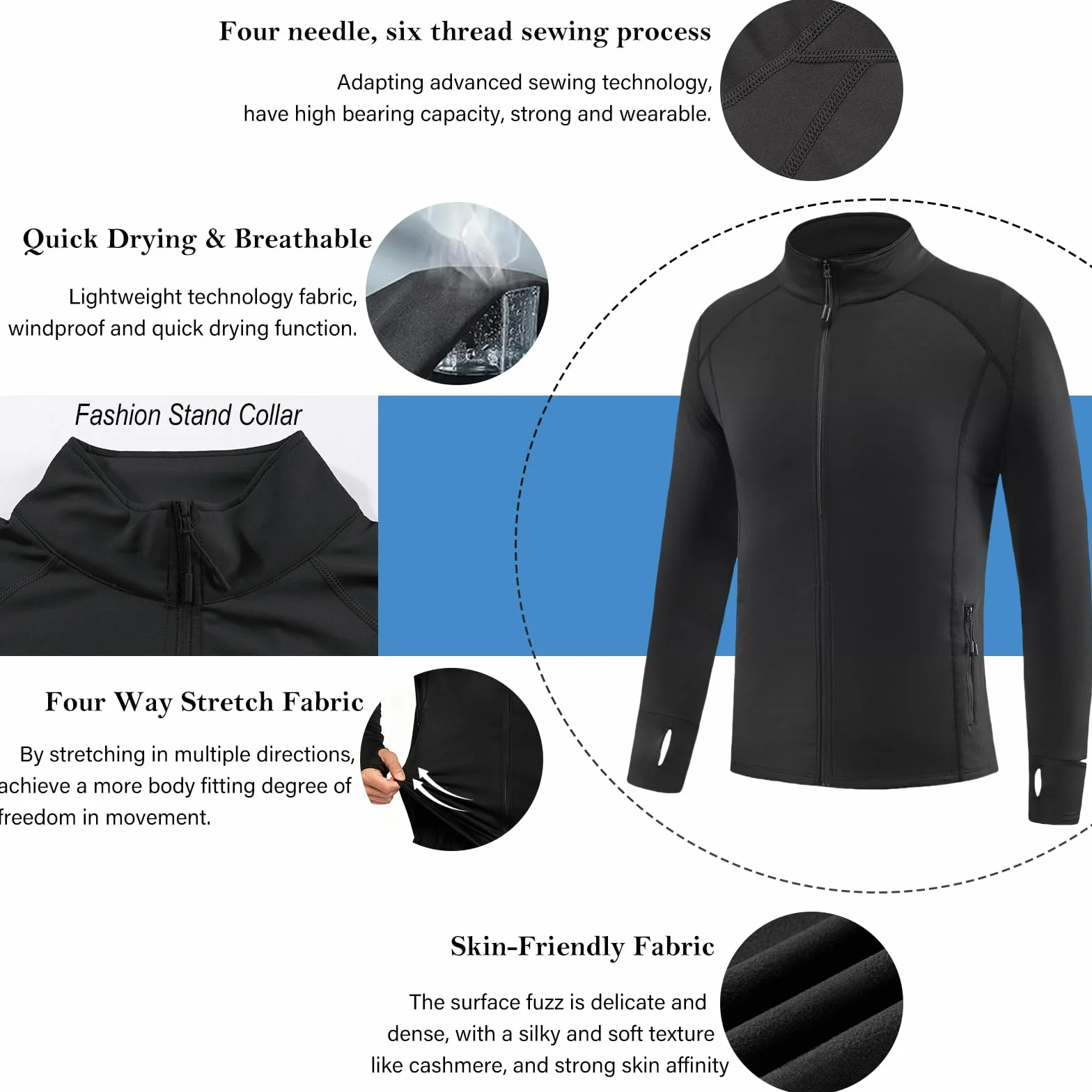 Chaqueta Deportiva Hombre Chaqueta Cortavientos Ligera Bolsillos con Cremallera Jacket Manga Larga con Agujeros para Los Pulgares Secado rápido Transpirable Correr Ciclismo Gym