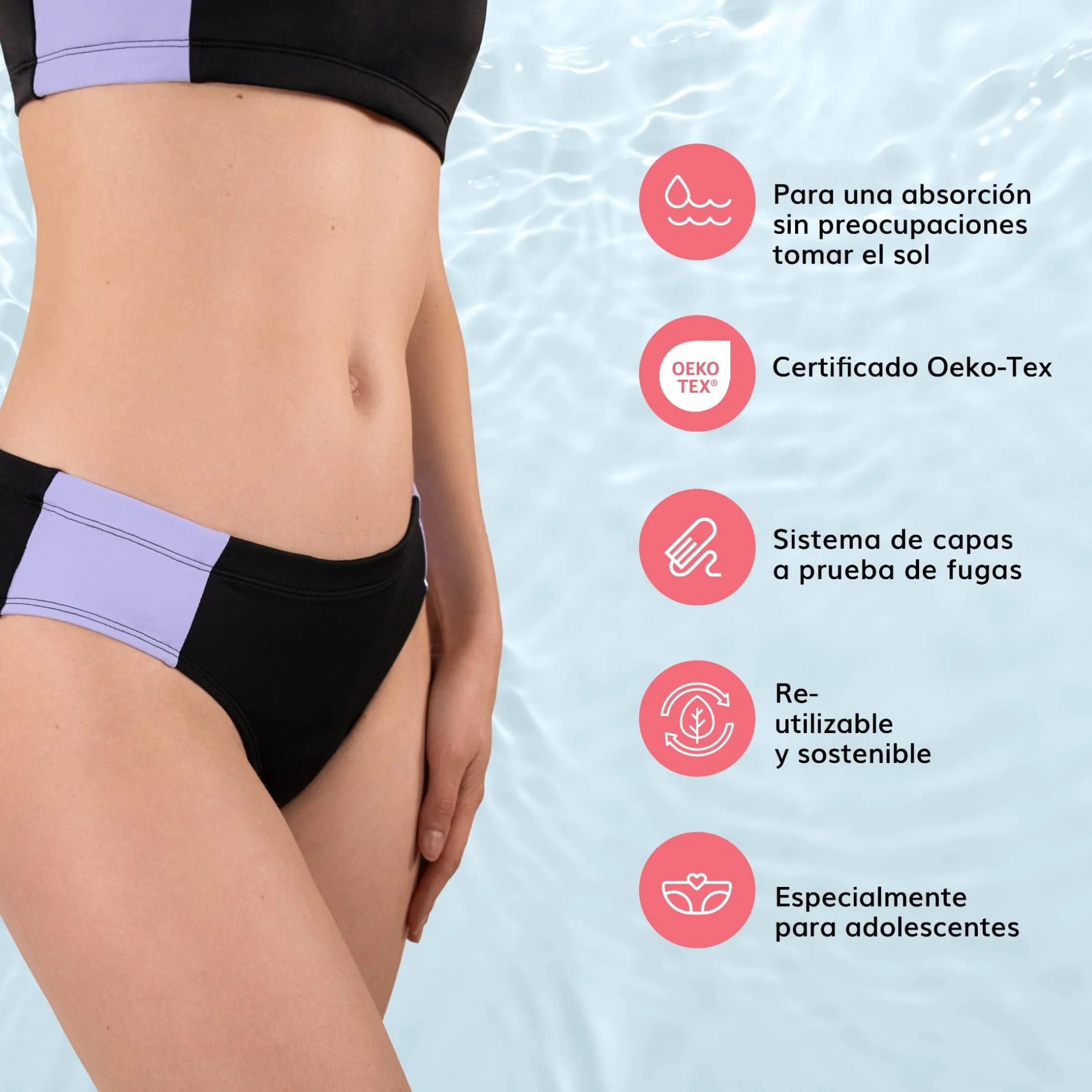 MYLILY Bañador Menstrual Niñas & Adolescentes | Corte Deportivo | Piscina, Mar, Playa, Verano & Vacaciones | Braga Mujer | 4 Tampones, Antifugas, Oeko-Tex, Vegana