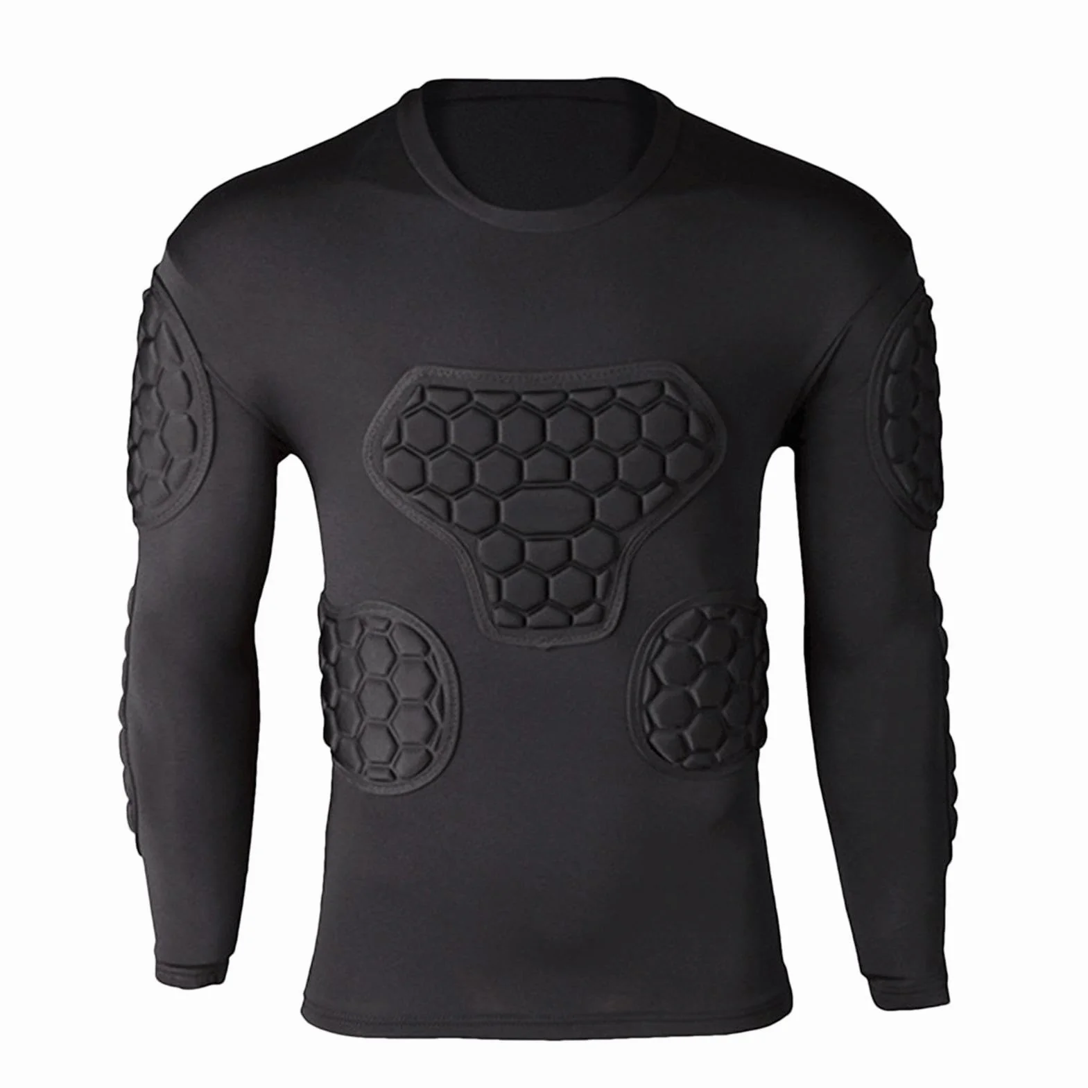 Teksome Camiseta de compresión acolchada de fútbol para portero manga larga negra