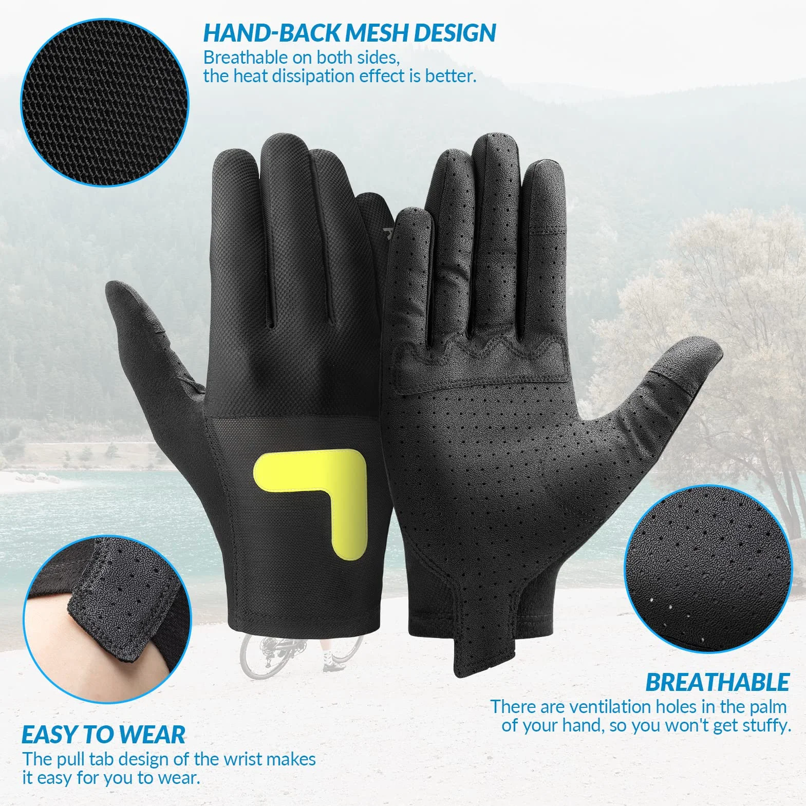 ROCKBROS Guantes de Ciclismo Pantalla Táctil para Hombre Mujer, Guantes Largos de Verano Transpirables para Bicicleta Deportes, Negro