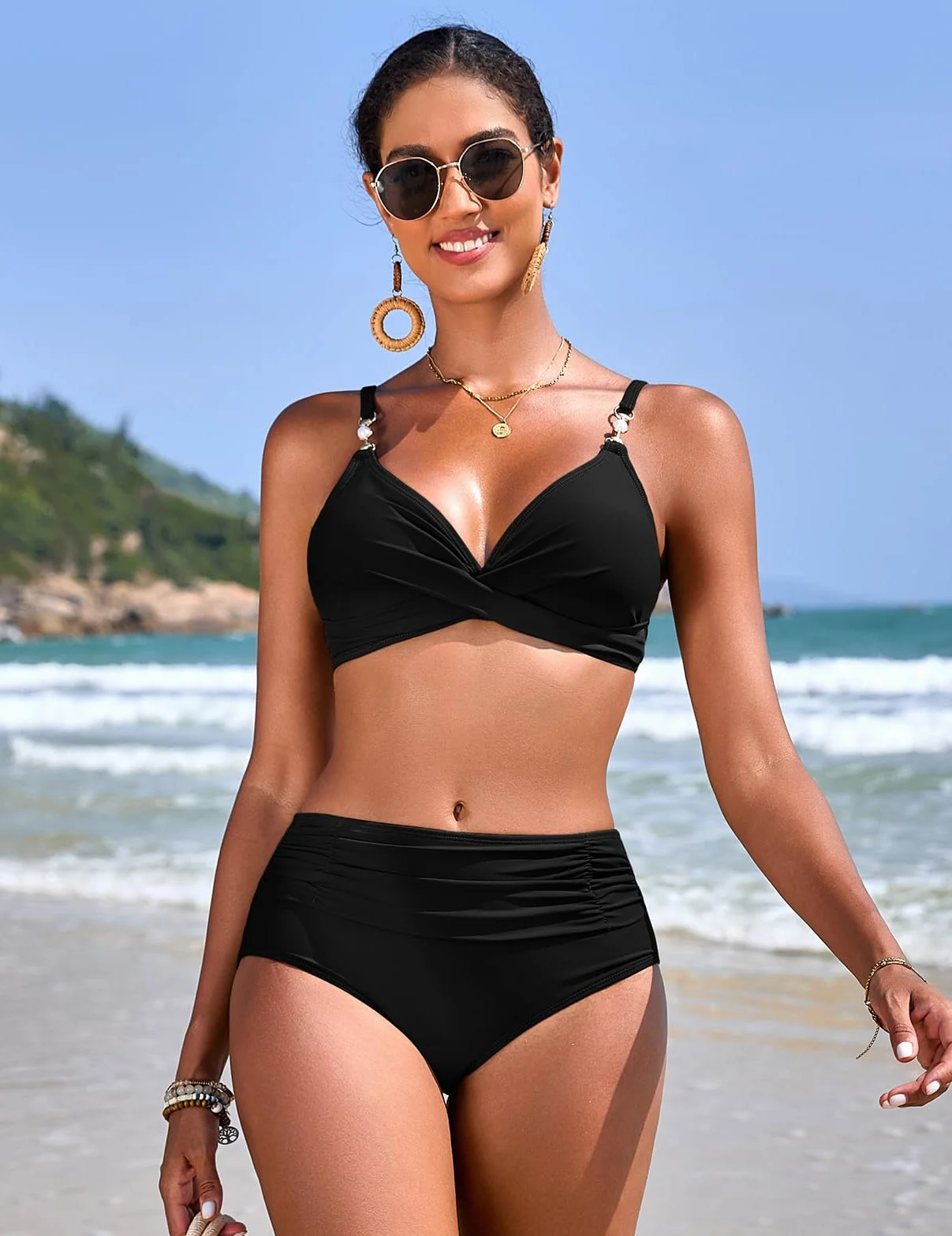 UMIPUBO Bikini Mujer Bañadores Traje De Baño 2 Piezas Sexy Push Up Cuello En V Perla Pliegues Reductores Control abdominal Conjunto Talle Alto Biquinis Dos Piezas