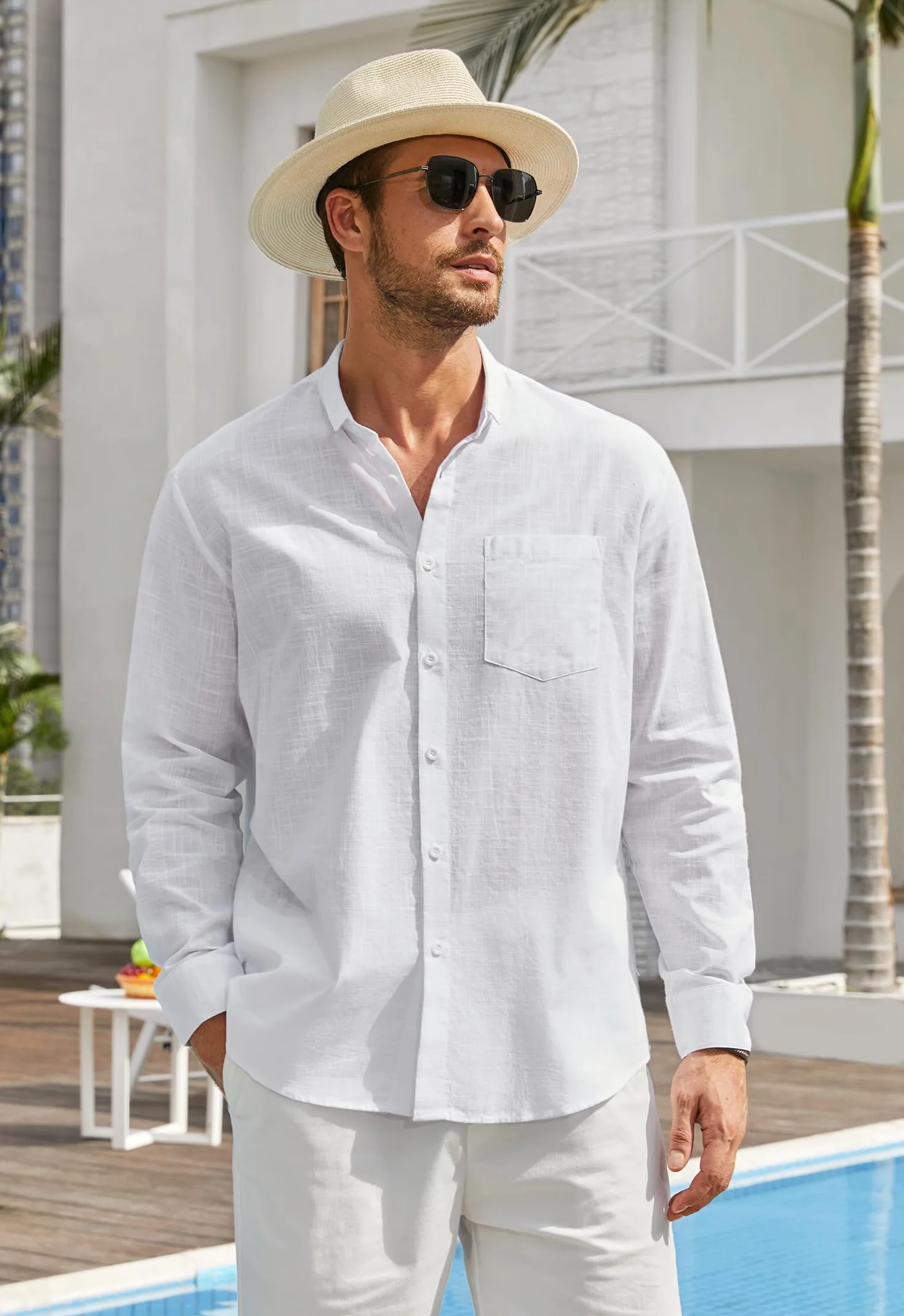 Enlision Camisas Lino Hombre Manga Larga Verano Algodon Casual Camisa Henley Cuello Mao Color Solido S-4XL