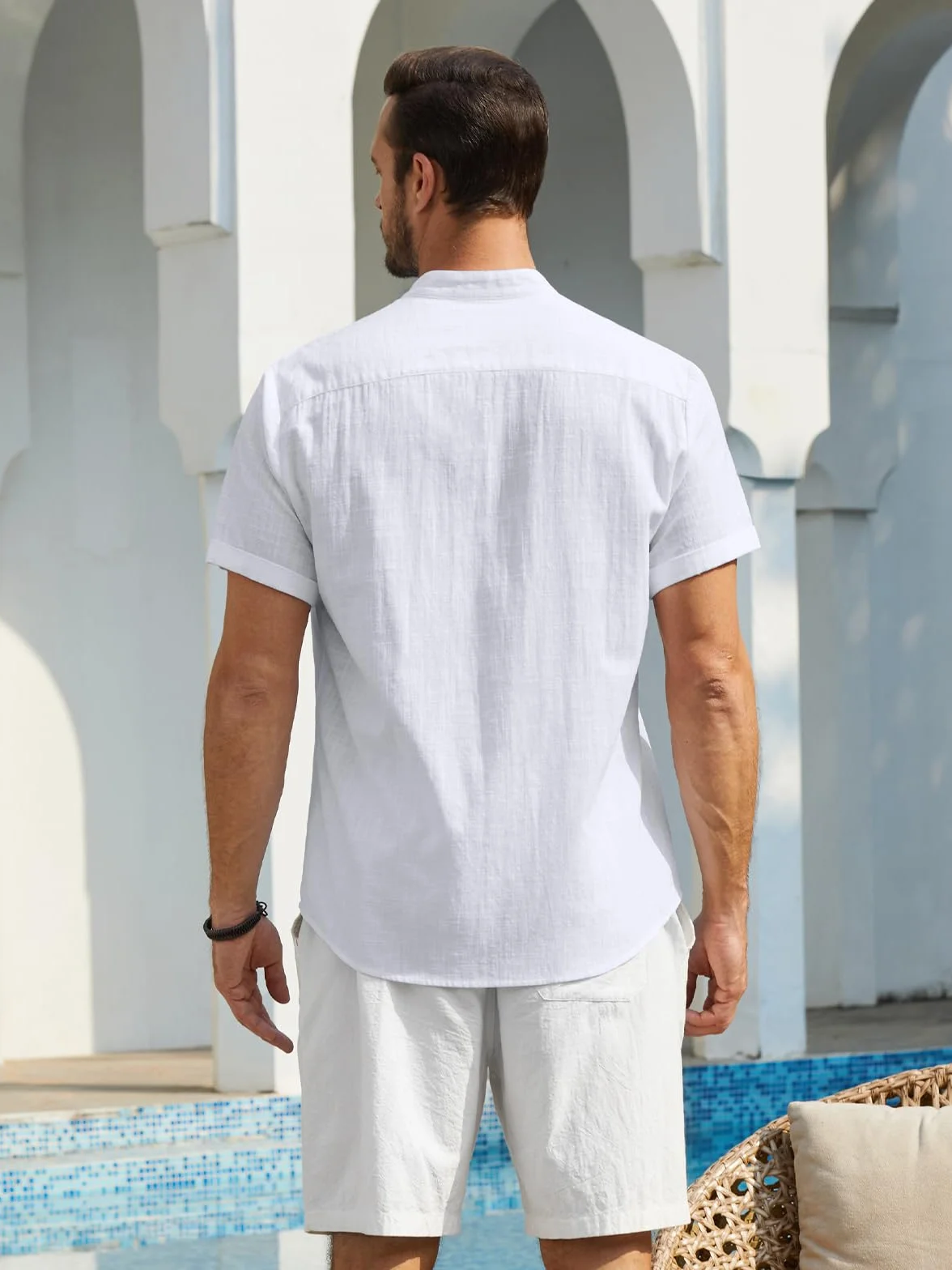 Enlision Camisa de Lino Manga Corta para Hombre Sin Cuello Verano Henley Color Sólido con Botones Bolsillo S-4XL