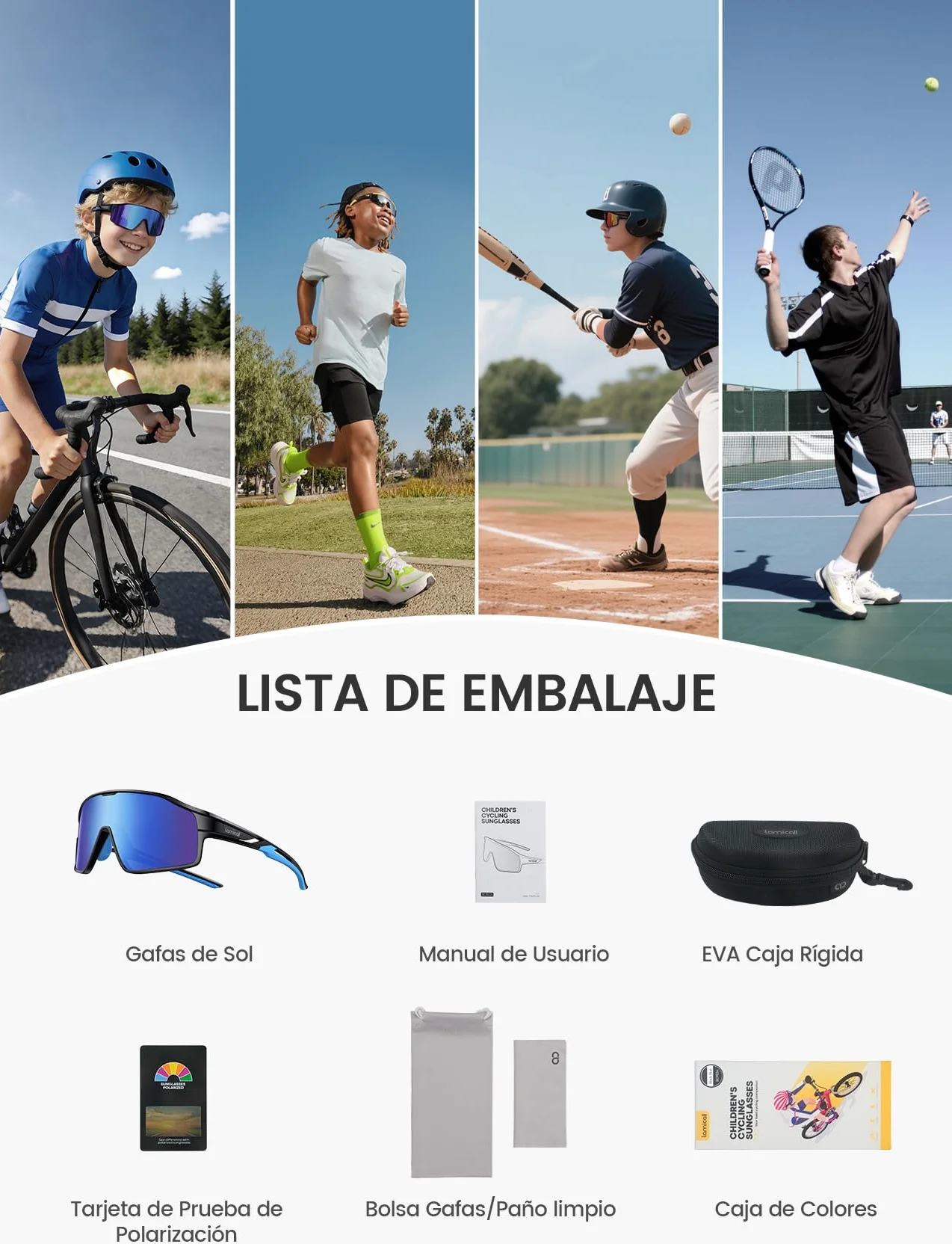 Lamicall Gafas de Sol Ciclismo Niños UV400 TR90 Marco Ultraligero Almohadilla Nasal Ajustable