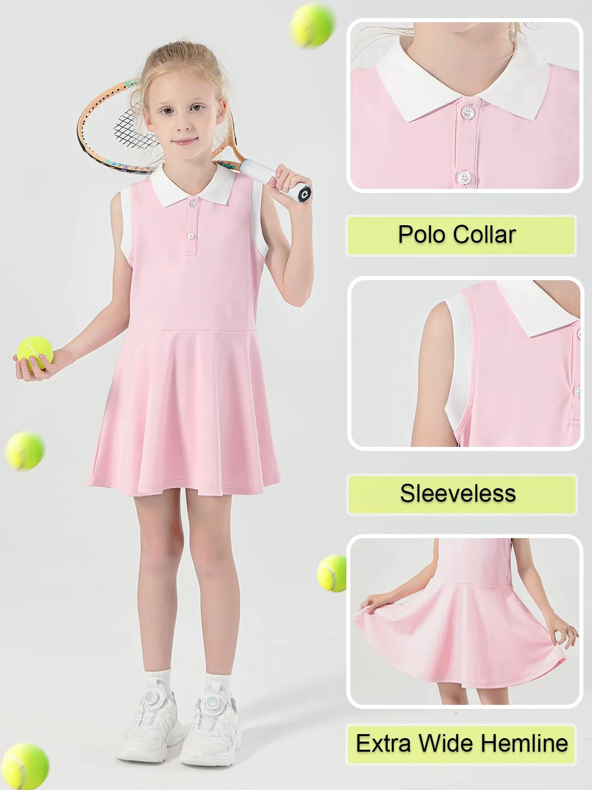 Vestido de Tenis para Niñas con Pantalones Cortos Bolsillos Deportivo sin Mangas Polo Golf 5-15 años