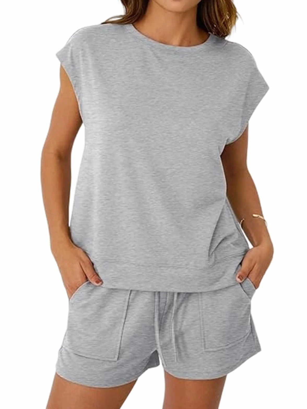 Chándal Mujer Verano 2 Piezas Casual Cuello Redondo Top Sin Mangas Pantalones Cortos Bolsillos Cordón Ajustable