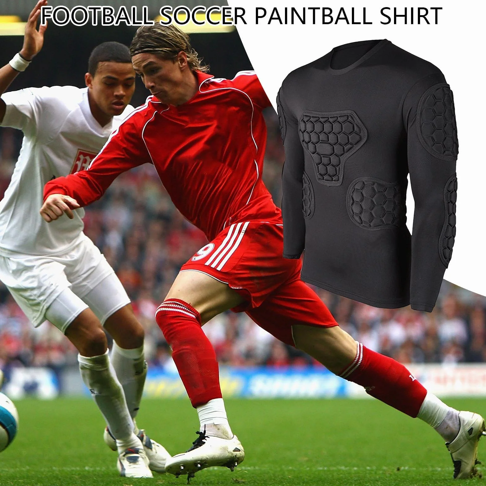 Teksome Camiseta de compresión acolchada de fútbol para portero manga larga negra