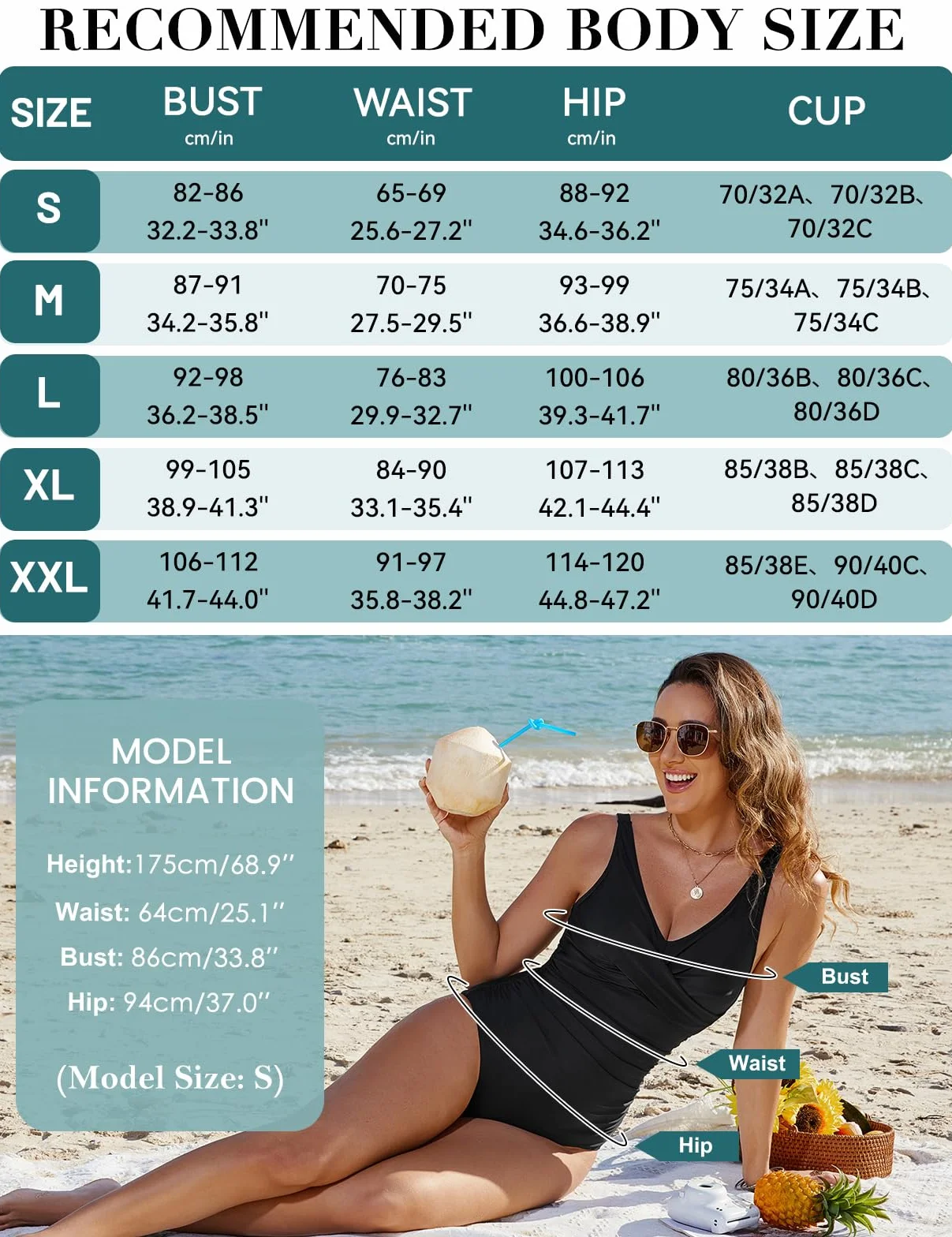 CMTOP Bañadores Mujer Reductores Push Up Cuello en V Traje de Baño Una Pieza Control de Barriga Playa Monokini