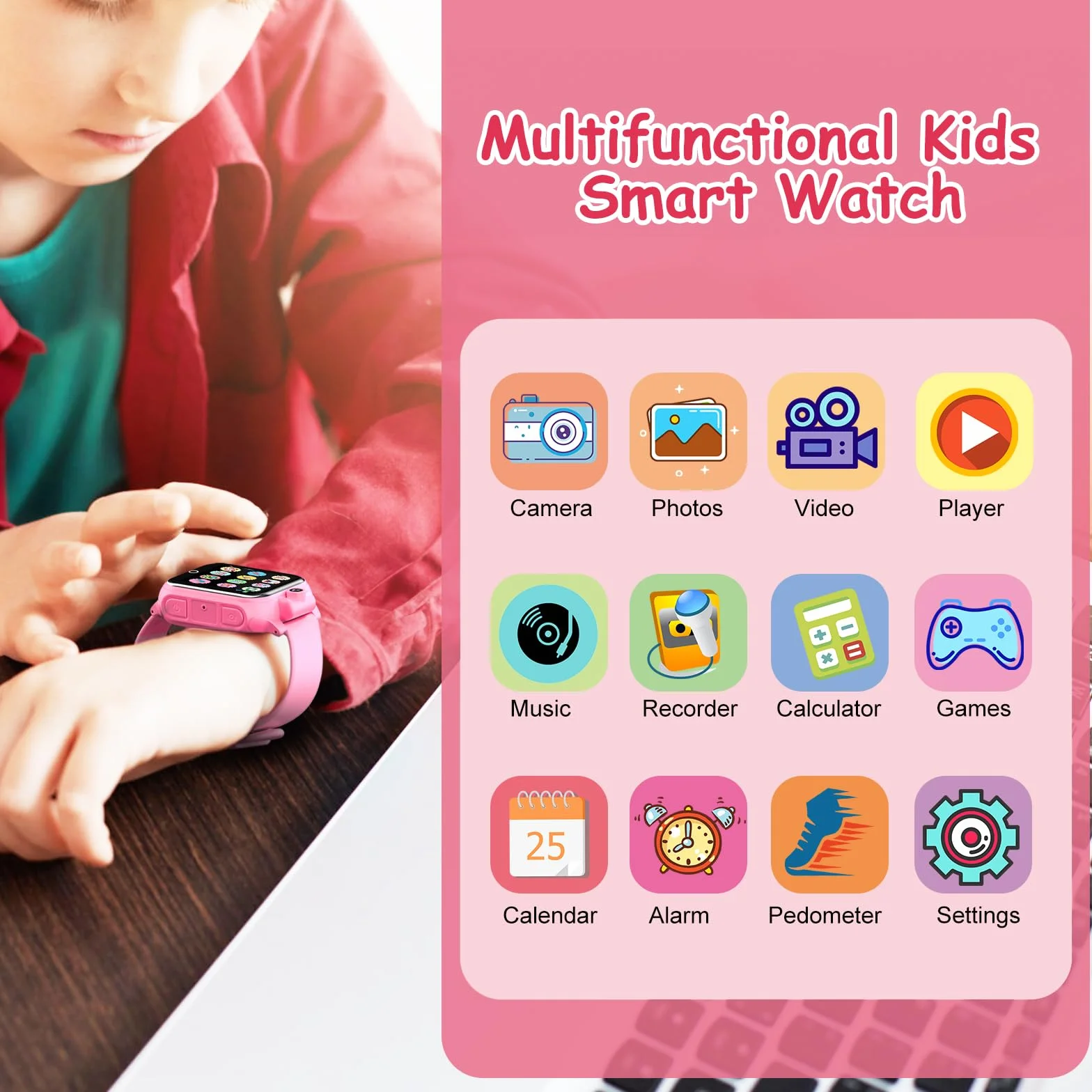Diswoe Reloj Inteligente Niños, Smartwatch Niña 3 4 5 6 7 8 9 10 11 12 años, Regalo Niña con 14 Juegos, Cámara Giratoria de 90°, Despertador y HD Pantalla Táctil, Regalos para Niños y Niñas