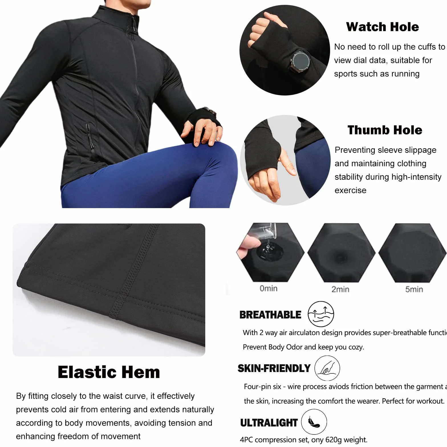 Chaqueta Deportiva Hombre Chaqueta Cortavientos Ligera Bolsillos con Cremallera Jacket Manga Larga con Agujeros para Los Pulgares Secado rápido Transpirable Correr Ciclismo Gym