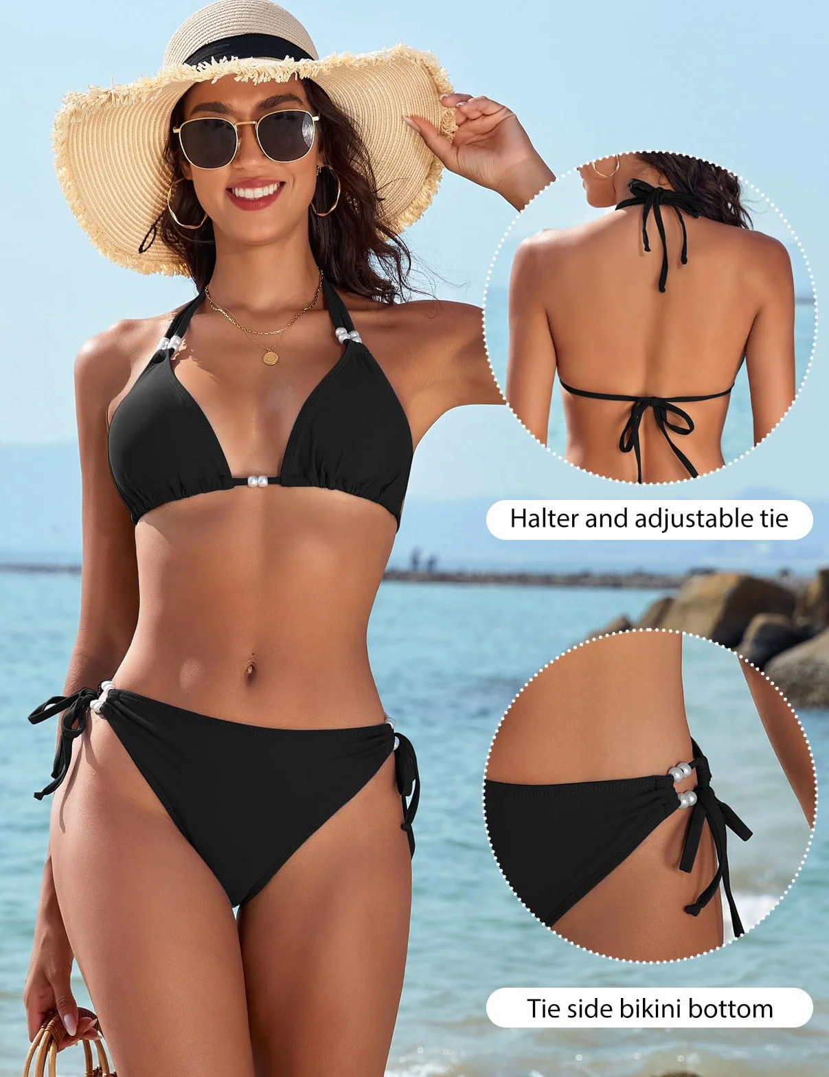 CMTOP Bikini Mujer Conjunto de Bikini Halter Triángulo Bikini Top y Braga de Bikini con Ajustable Cordón de Cintura Alta Sólido Traje de Baño 2 Piezas Sexy de Playa