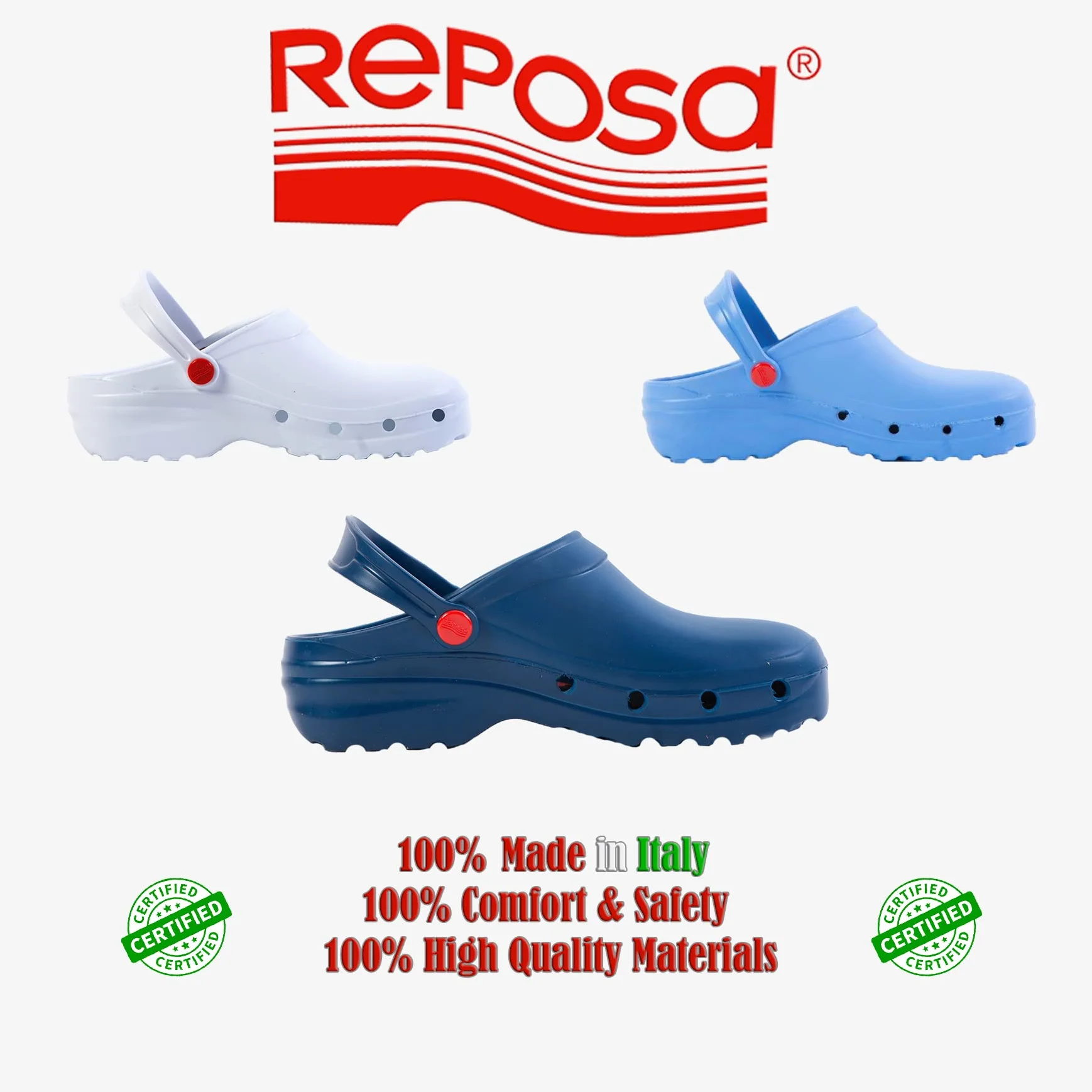 REPOSA Light Shock - Zuecos Sanitarios Mujer y Hombre en EVA, Suela Antideslizante SRC Antibacteriana y Correa, Zuecos Enfermera Anatómicos Antishock, Zapatos Sanitarios Transpirables Ultraligeros