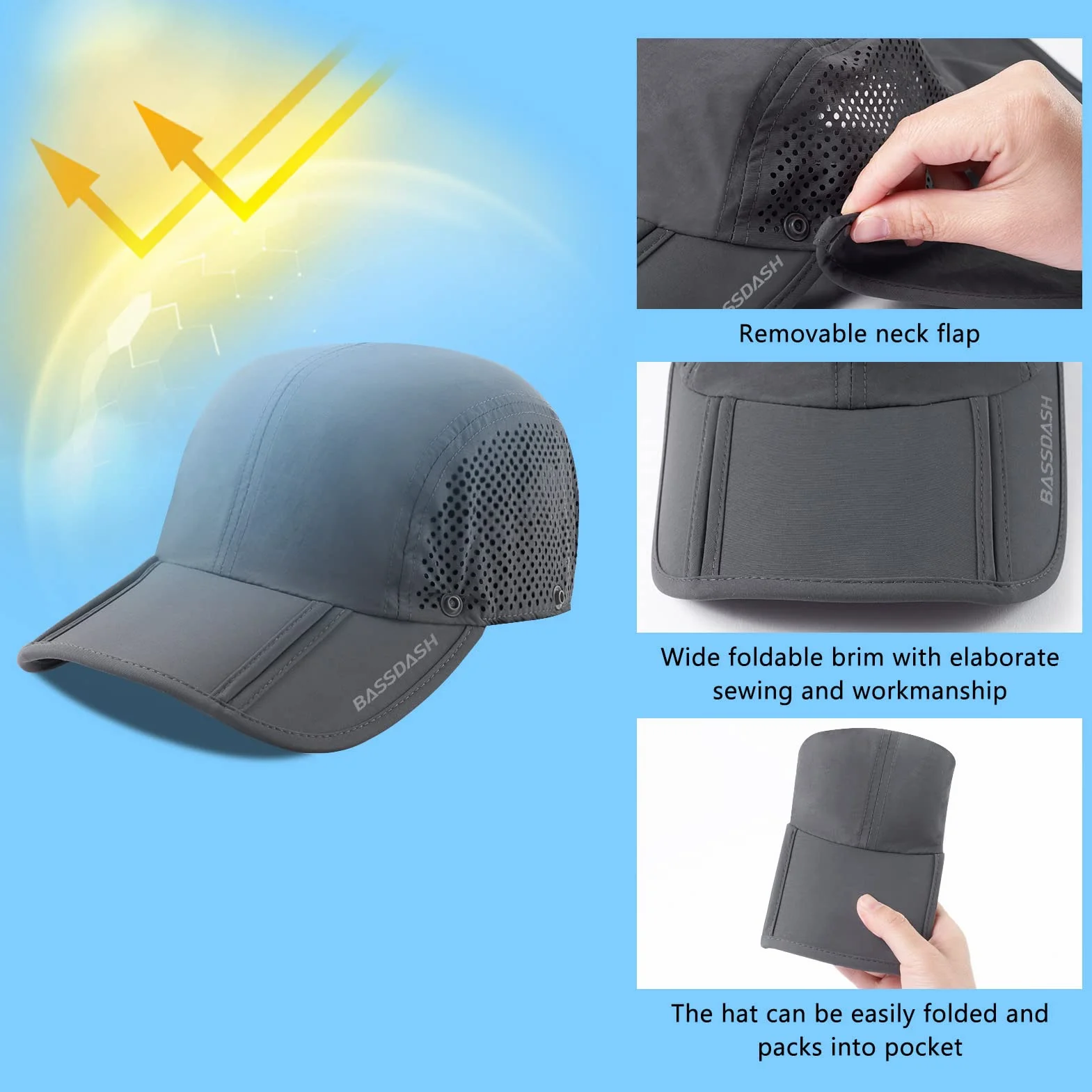 Bassdash UPF 50 + Gorra de Pesca Plegable Gorra de béisbol, con Tapa de Cuello extraíble, portátil, Adecuada para Senderismo de Golf Masculino y Femenino
