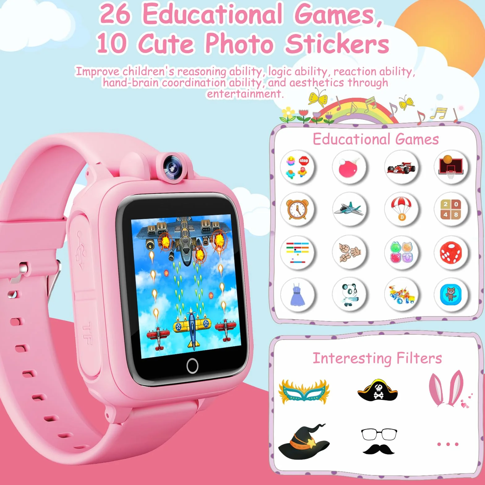 Diswoe Reloj Inteligente Niños, Smartwatch Niña 3 4 5 6 7 8 9 10 11 12 años, Regalo Niña con 14 Juegos, Cámara Giratoria de 90°, Despertador y HD Pantalla Táctil, Regalos para Niños y Niñas