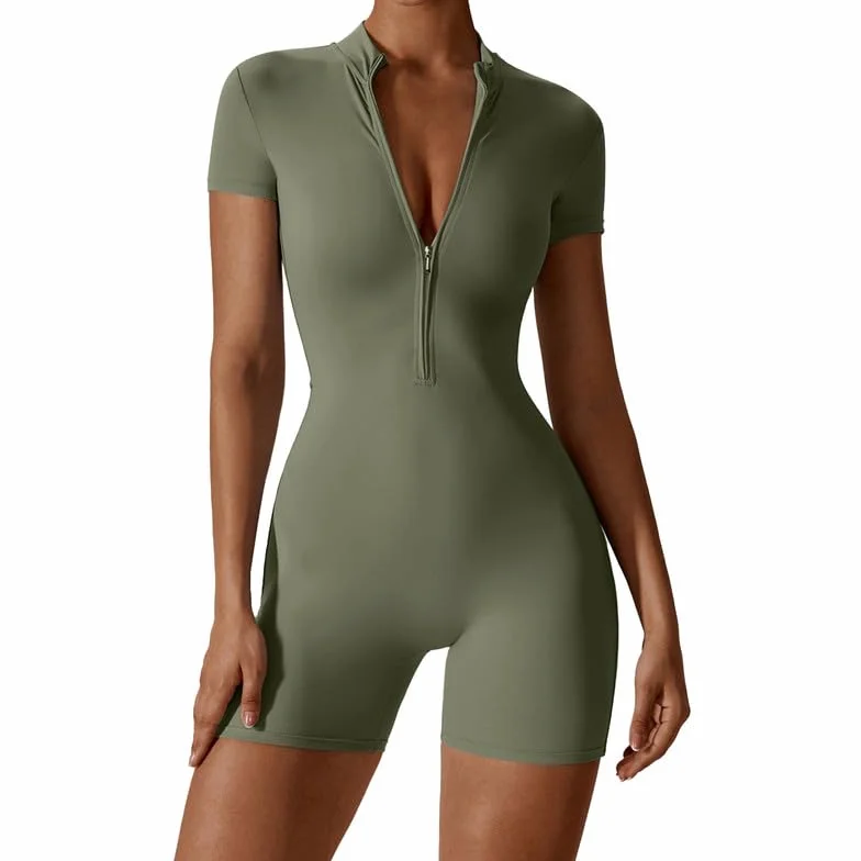 Litthing Mono Deportivo Mujer Corto Cremallera Elásticos Mangas Cortas Jumpsuit Sexy Ajustado Bodysuit Una Pieza Push Up Fitness Body Overol