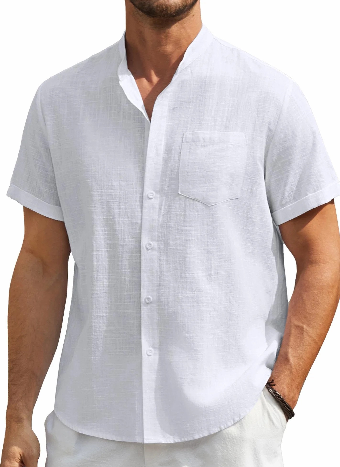 Enlision Camisa de Lino Manga Corta para Hombre Sin Cuello Verano Henley Color Sólido con Botones Bolsillo S-4XL