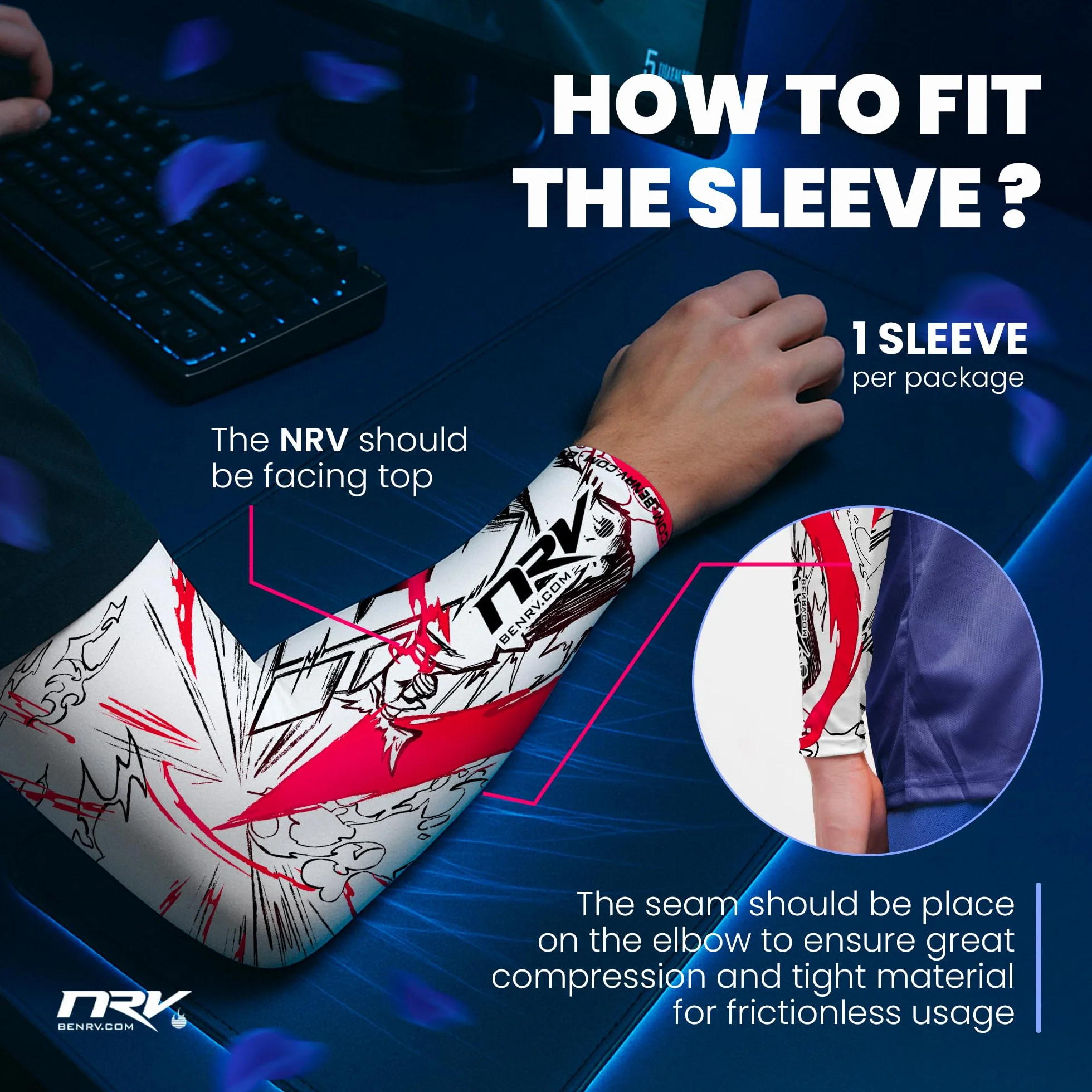 NRV Team HEROIC Puño Gaming – Comodidad y Control – Anti-Friction – Diseño Esport – Blanco & Rojo – Talla S a 3XL