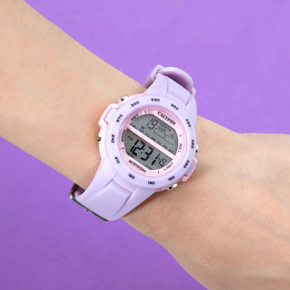CALYPSO Reloj Digital Infantil Niño Niña de Caucho Morado - Resistente al Agua 10 ATM Fecha y Calendario, Cronógrafo, Doble Horario, Luz, Alarma, 12 y 24 Horas K5850/3 - Junior Collection