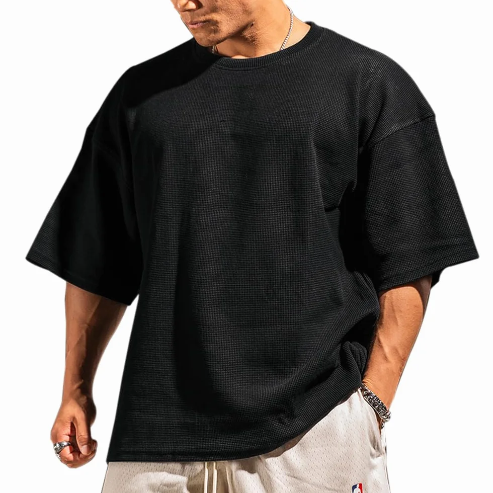 Muscle Alive Hombres Básico Manga Larga Gofre Sudaderas Camisa de Entrenamiento Ajuste Holgado Ejercicio Pull-Over Camisa de Cuello Redondo