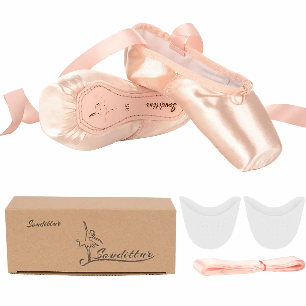Soudittur Zapatillas de Ballet de Punta Pointe Zapatos Satén con Puntera de Gel de Silicona y Cintas para Niñas Rosa (por Favor Seleccione una Talla más Grande)