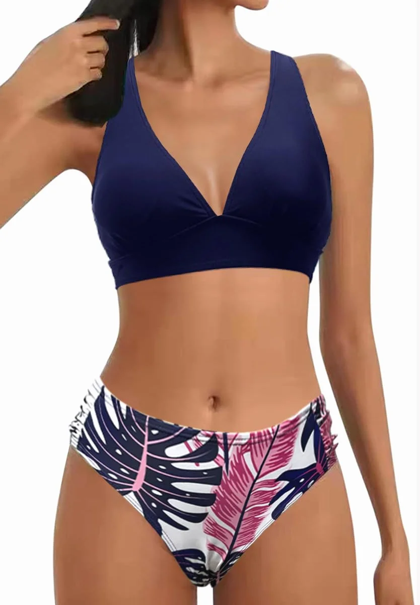 Mujer Traje de Baño de Dos Piezas Push-up Cuello en V Bañador Cintura Media Correas Laterales del Bikini Set Estampado Ropa de Playa Traje de Baño