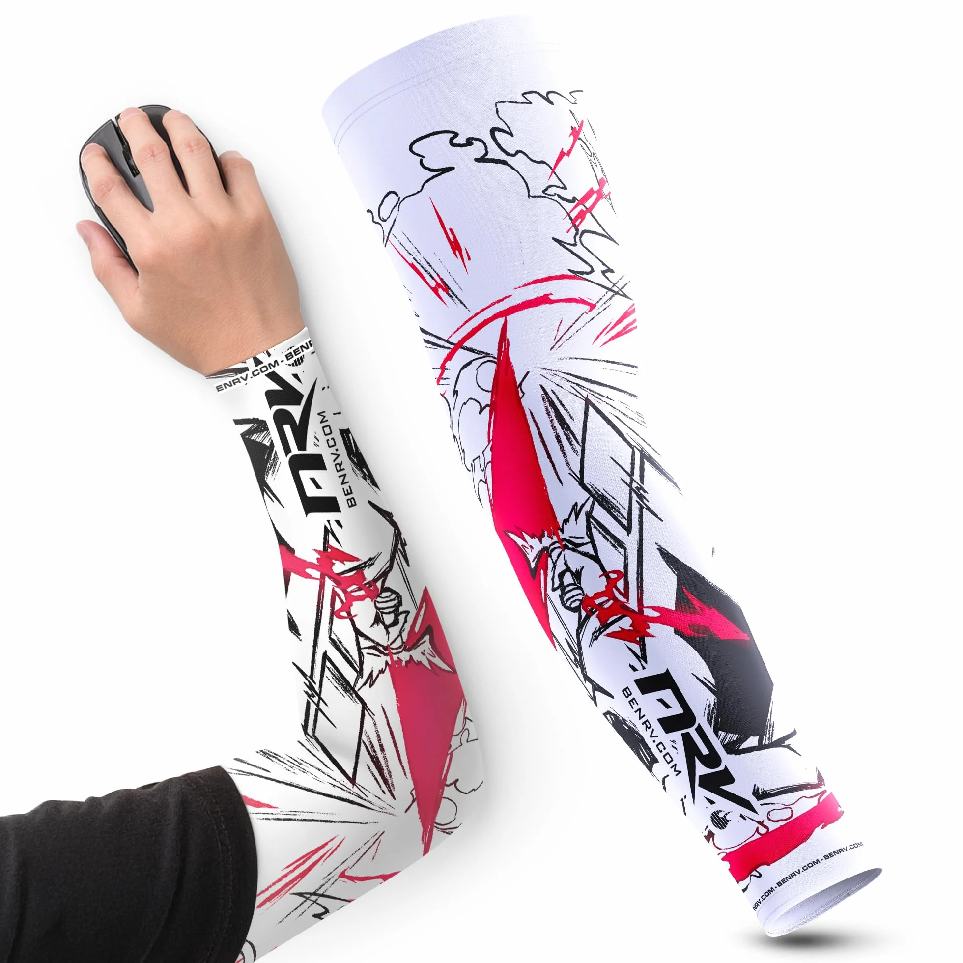 NRV Team HEROIC Puño Gaming – Comodidad y Control – Anti-Friction – Diseño Esport – Blanco & Rojo – Talla S a 3XL