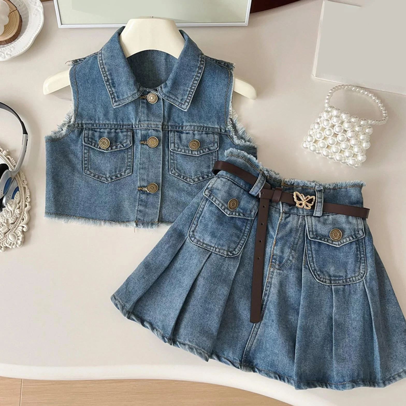 Conjunto de mezclilla verano niña 2-8 años cárdigan sin mangas flecos falda plisada look western