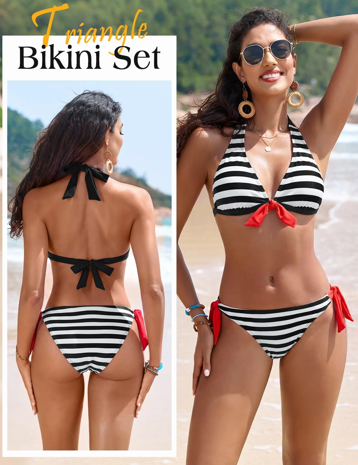 Voqeen Mujer Bikini Rayas Cabestro Traje de baño Acolchado Ropa de Playa de Dos Piezas