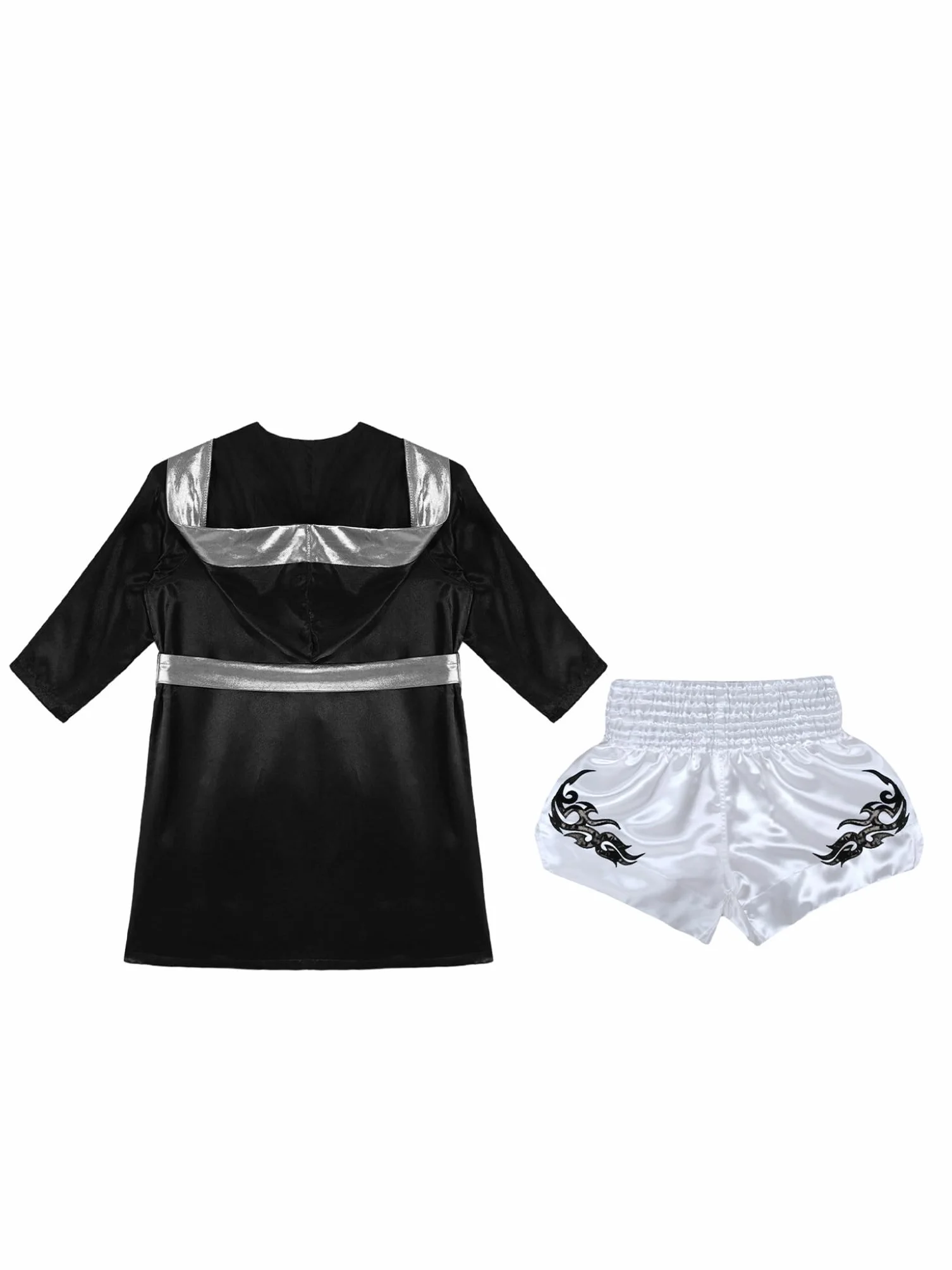 Conjunto de pantalones cortos de boxeo para niño, bata de entrenamiento boxing MMA Muay Thai 5-16 años Negro Plata Blanco