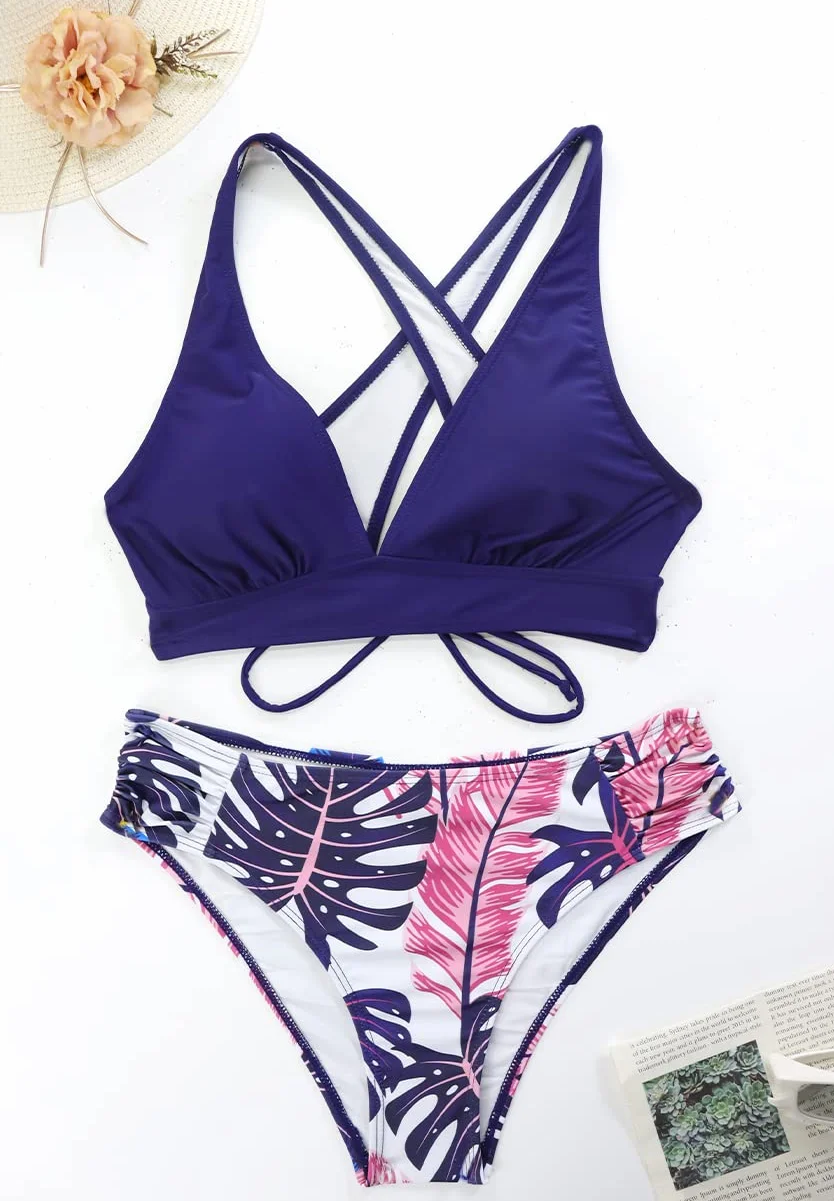 Mujer Traje de Baño de Dos Piezas Push-up Cuello en V Bañador Cintura Media Correas Laterales del Bikini Set Estampado Ropa de Playa Traje de Baño
