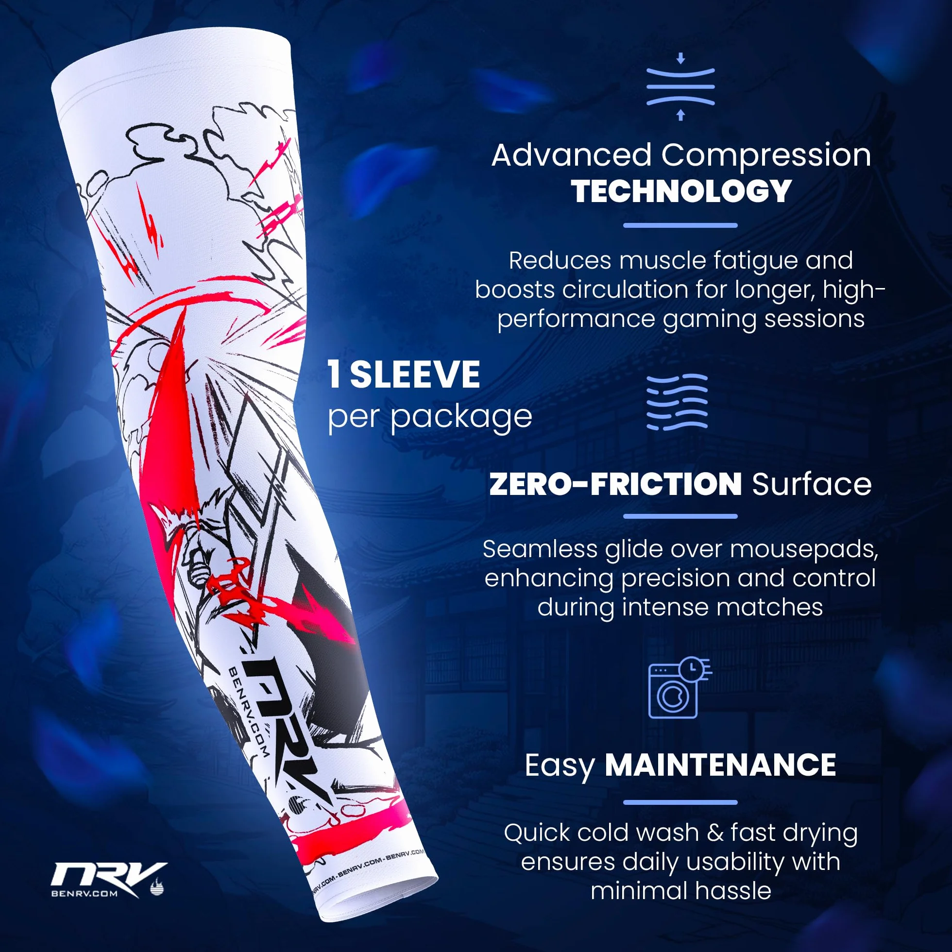 NRV Team HEROIC Puño Gaming – Comodidad y Control – Anti-Friction – Diseño Esport – Blanco & Rojo – Talla S a 3XL