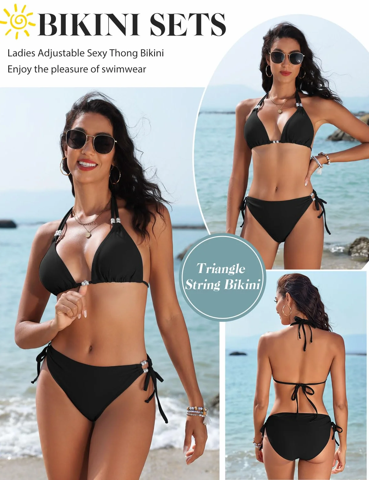 CMTOP Bikini Mujer Conjunto de Bikini Halter Triángulo Bikini Top y Braga de Bikini con Ajustable Cordón de Cintura Alta Sólido Traje de Baño 2 Piezas Sexy de Playa