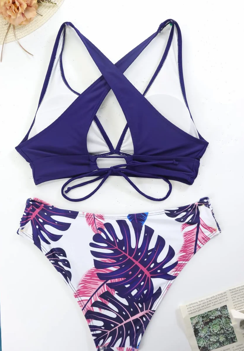 Mujer Traje de Baño de Dos Piezas Push-up Cuello en V Bañador Cintura Media Correas Laterales del Bikini Set Estampado Ropa de Playa Traje de Baño