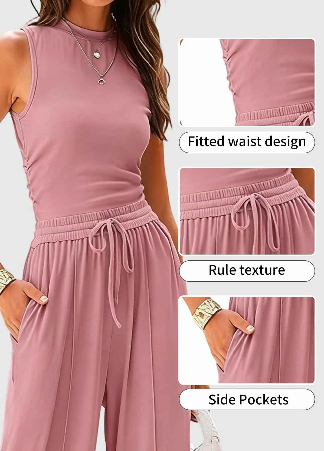 Rayson Conjunto de Dos Piezas Casual Verano Top Sin Mangas Pantalones Anchos Cintura Alta Bolsillos Chandal