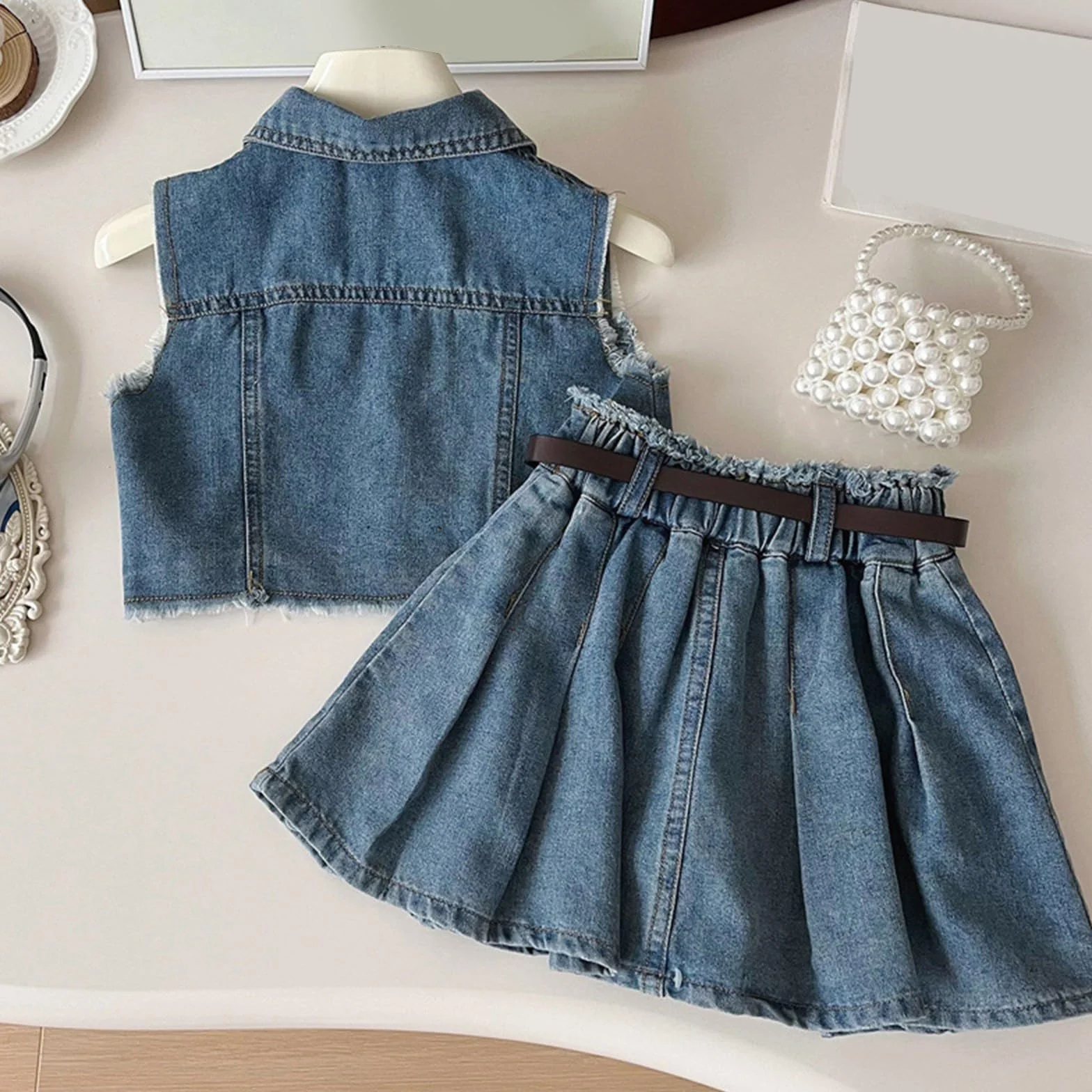 Conjunto de mezclilla verano niña 2-8 años cárdigan sin mangas flecos falda plisada look western