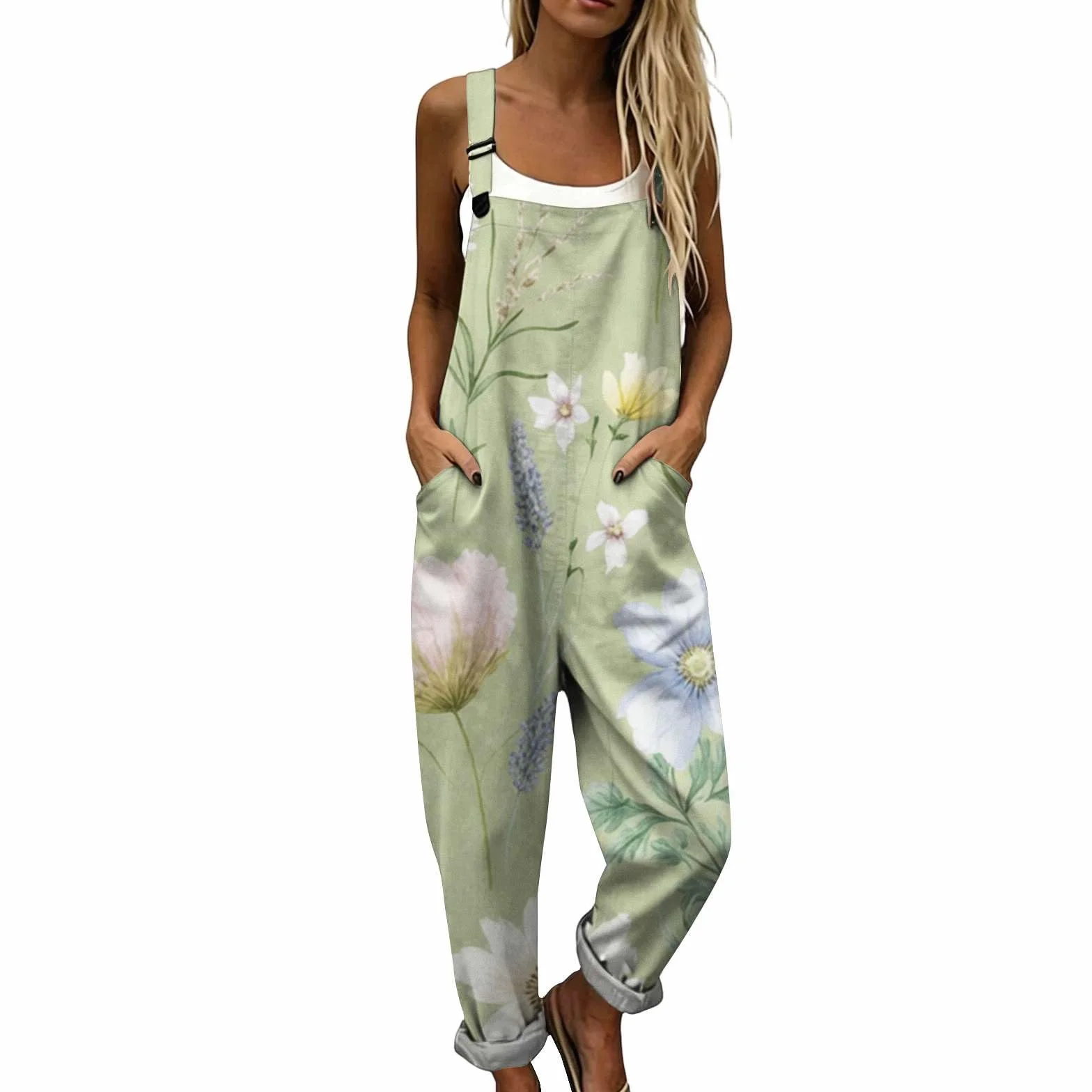 Genérico Mono Mujer Casual de Algodón y Lino Peto Verano Tallas Grandes Holgado con Tirantes Ajustables y Bolsillos Overol Estilo Bohemio de Una Pieza Suelto para Playa Vacaciones Fiesta Chic