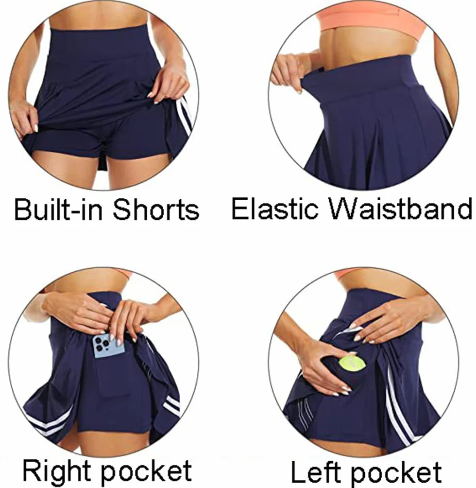 ThreeH Pantalones Cortos de Tenis Plisados de Cintura Alta para Mujer con Forro Incorporado