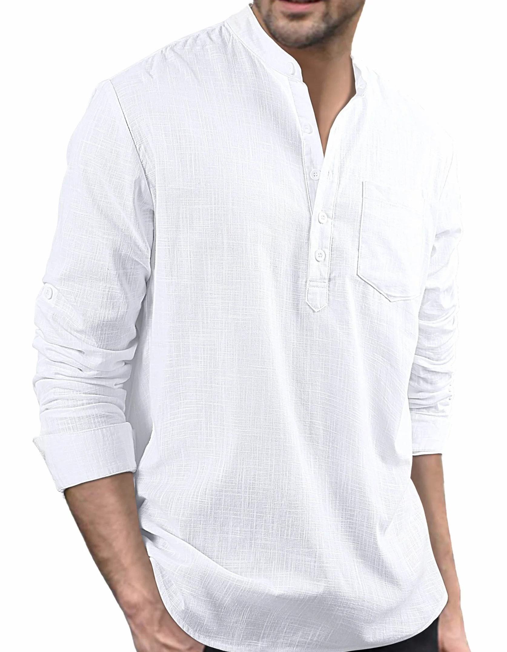 Enlision Camisa de Lino Manga Larga para Hombre Camisas Informales de Verano Camisa Suelta de Ocio de Color Sólido con Botónes Top con Bolsillo
