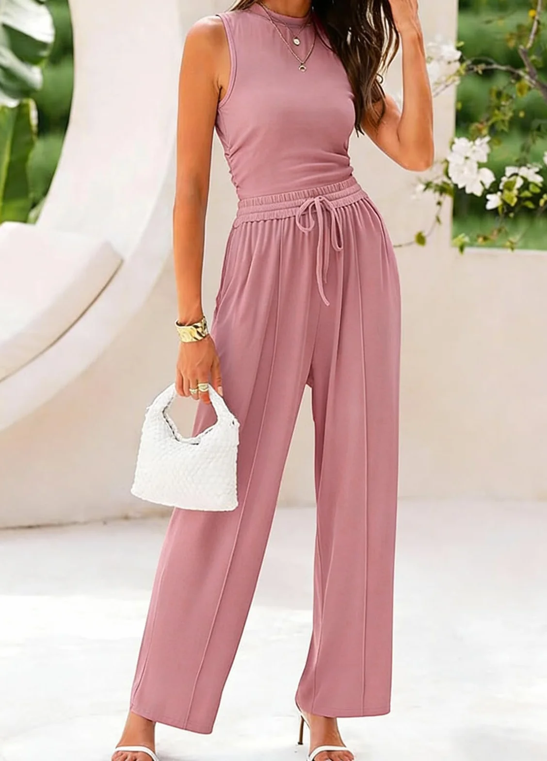 Rayson Conjunto de Dos Piezas Casual Verano Top Sin Mangas Pantalones Anchos Cintura Alta Bolsillos Chandal
