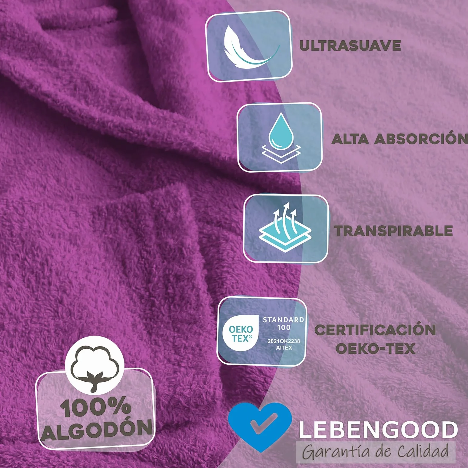 LEBENGOOD Albornoz Mujer 100% Algodón OEKO-TEX, Toalla Rizo Americano 450 gsm, Albornoces Juveniles, Ducha, Piscina, Bata Baño, Unisex,Hombre, Tallas S M L XL XXL 3XL