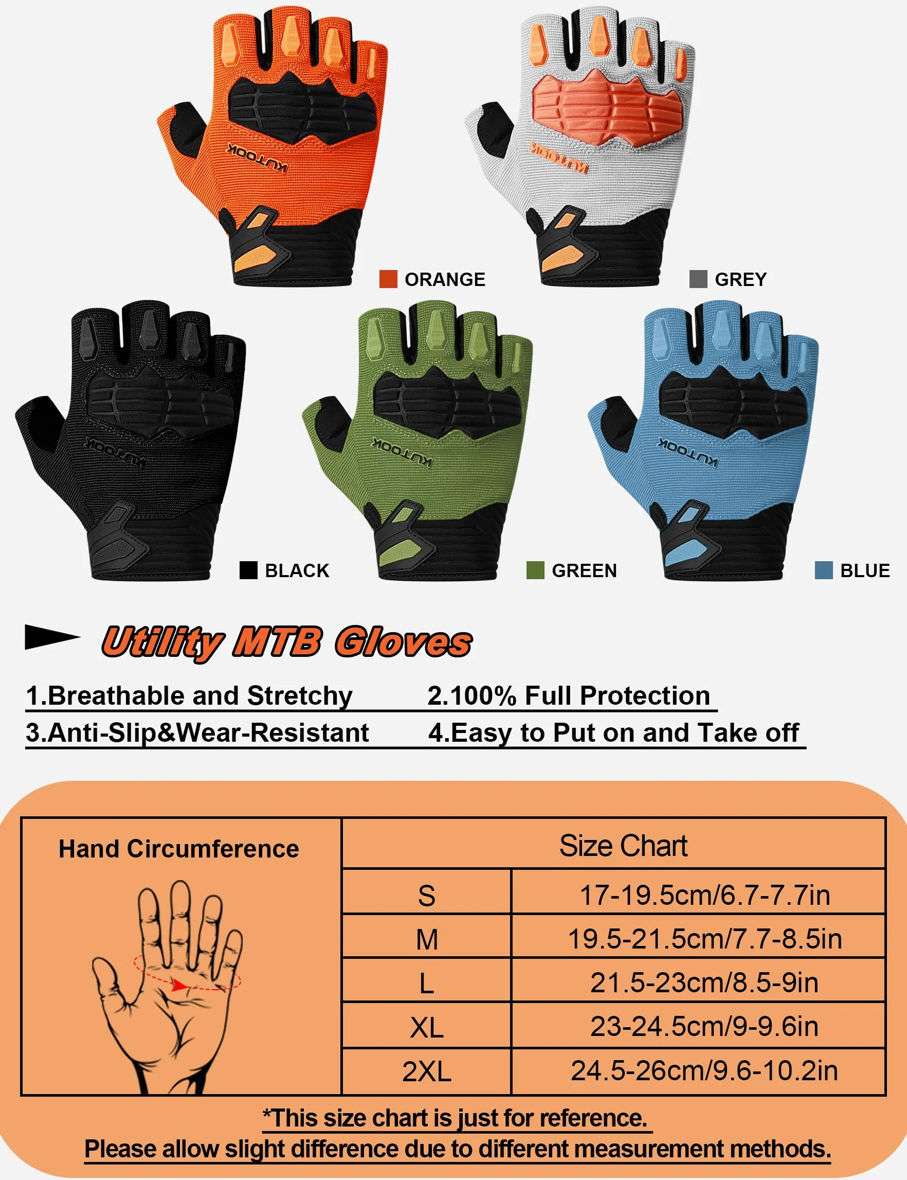 KUTOOK MTB Guantes de Ciclismo de Montaña Hombres Mujeres Verano con 5mm Palma Pad TPR SCR Protect Touch-Screen Transpirable KT202