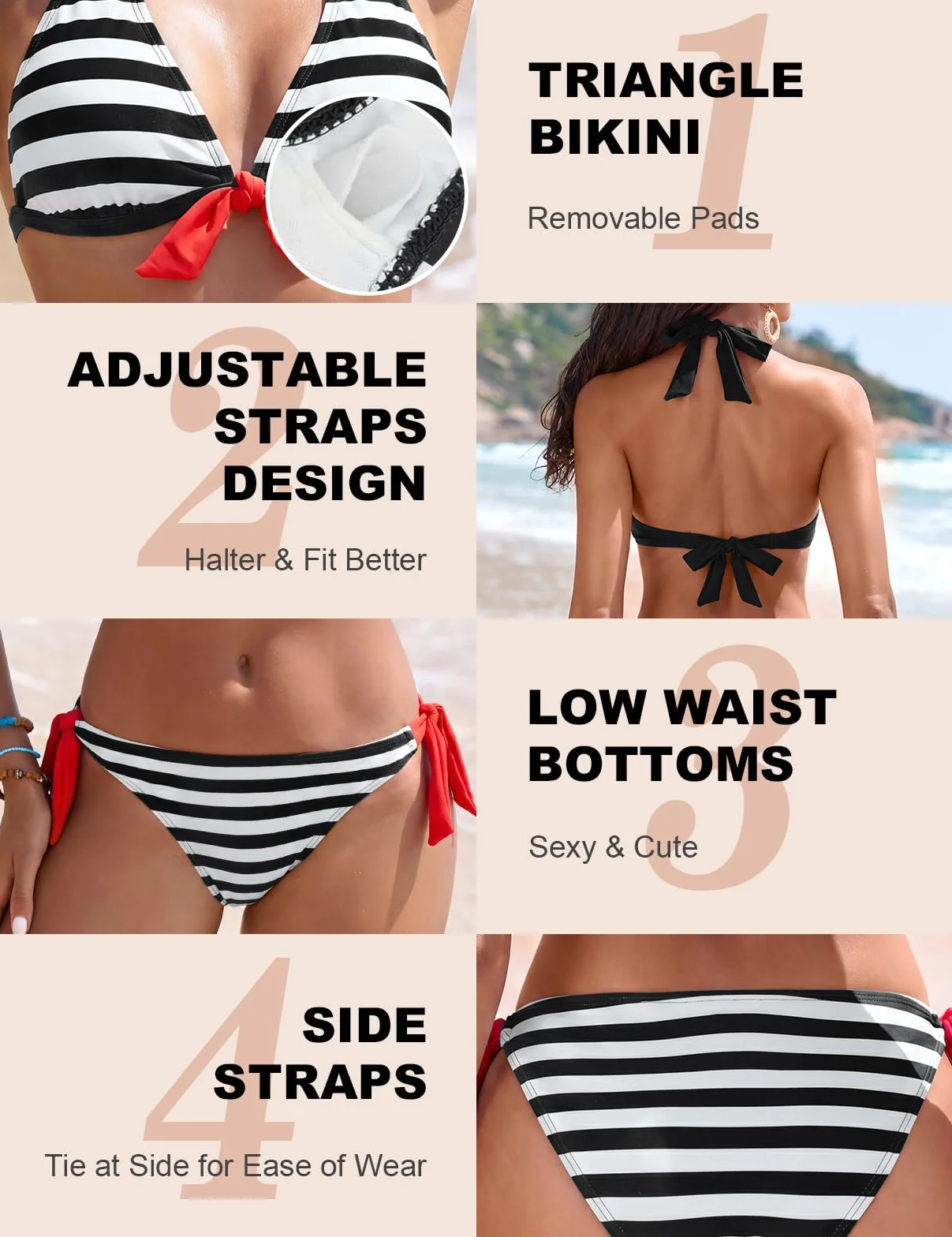 Voqeen Mujer Bikini Rayas Cabestro Traje de baño Acolchado Ropa de Playa de Dos Piezas