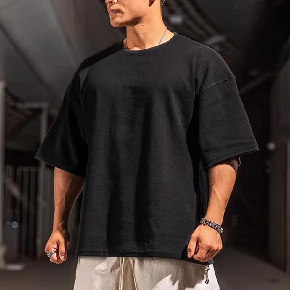 Muscle Alive Hombres Básico Manga Larga Gofre Sudaderas Camisa de Entrenamiento Ajuste Holgado Ejercicio Pull-Over Camisa de Cuello Redondo