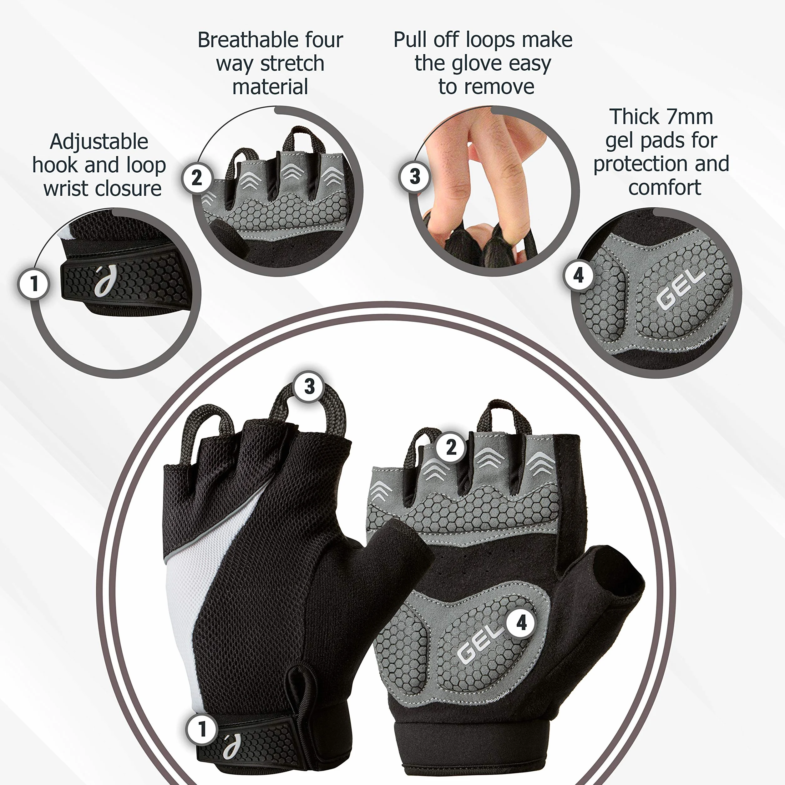 Guantes de ciclismo urbanos sin dedos con almohadillas de gel de 7 mm de grosor y tiradores de dedos fáciles de quitar