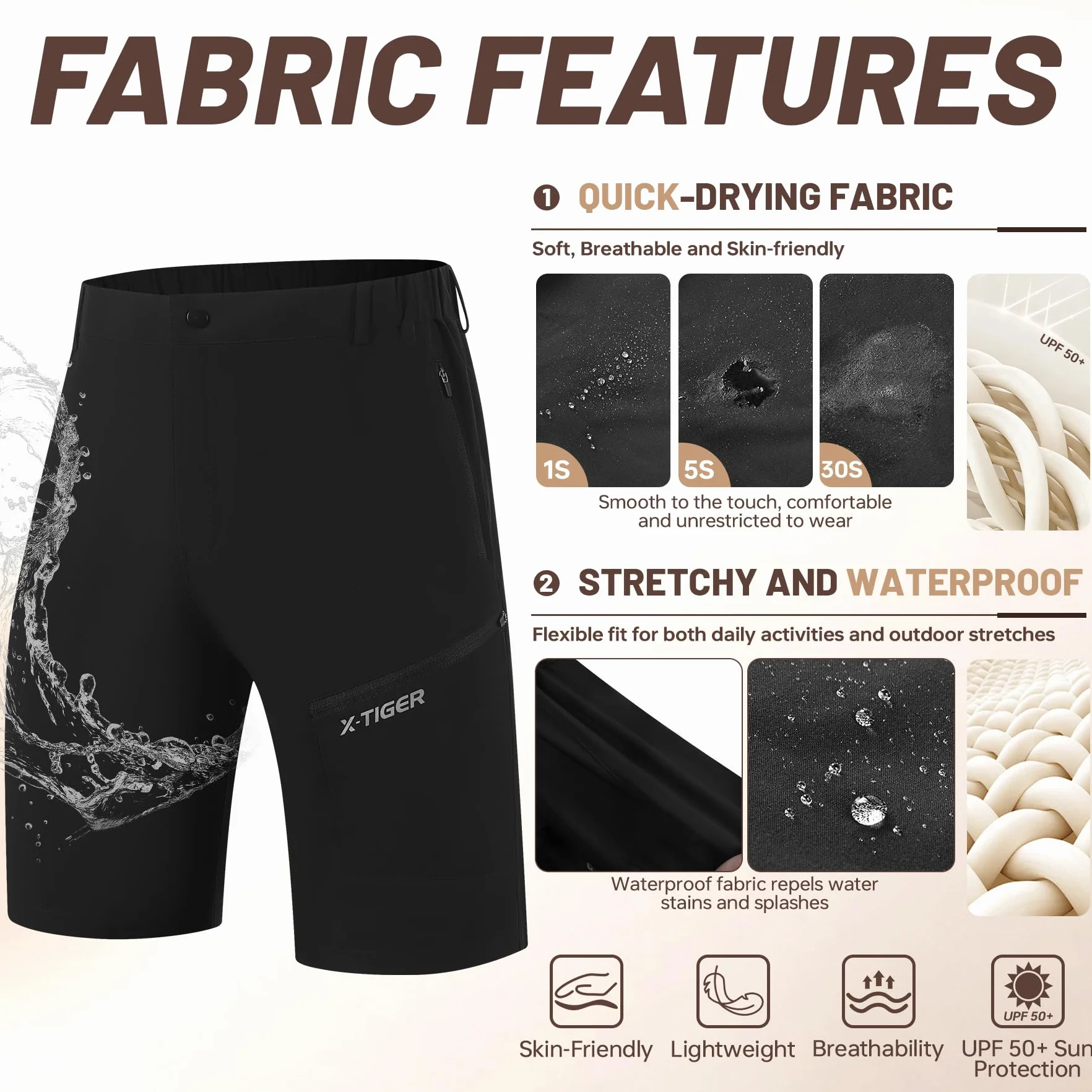 X-TIGER Pantalones Cortos Cargo Hombre Senderismo Verano Secado Rápido Transpirable Impermeable con 5 Bolsillos con Cremallera para Trekking Escalada Trabajo al Aire Libre