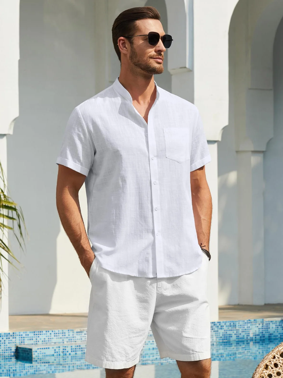 Enlision Camisa de Lino Manga Corta para Hombre Sin Cuello Verano Henley Color Sólido con Botones Bolsillo S-4XL
