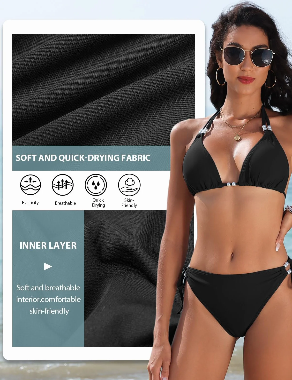 CMTOP Bikini Mujer Conjunto de Bikini Halter Triángulo Bikini Top y Braga de Bikini con Ajustable Cordón de Cintura Alta Sólido Traje de Baño 2 Piezas Sexy de Playa