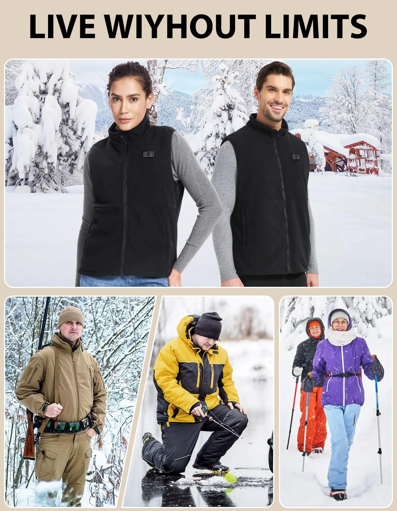 Loowoko chaleco calefactable Forro polar hombre mujer (sin bateria), ropa termico calefactable ligera, 3 niveles+6 zonas de calefacción