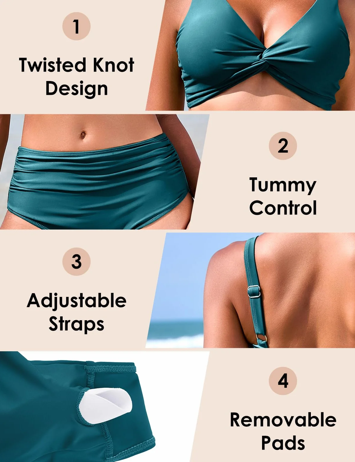 Nadeer Traje de Baño Push Up Conjuntos de Bikini Sexy Cuello en V Dos Piezas Elegante Twist Front Conjunto Bañador Control de Vientre de Cintura Alta Ropa de Playa