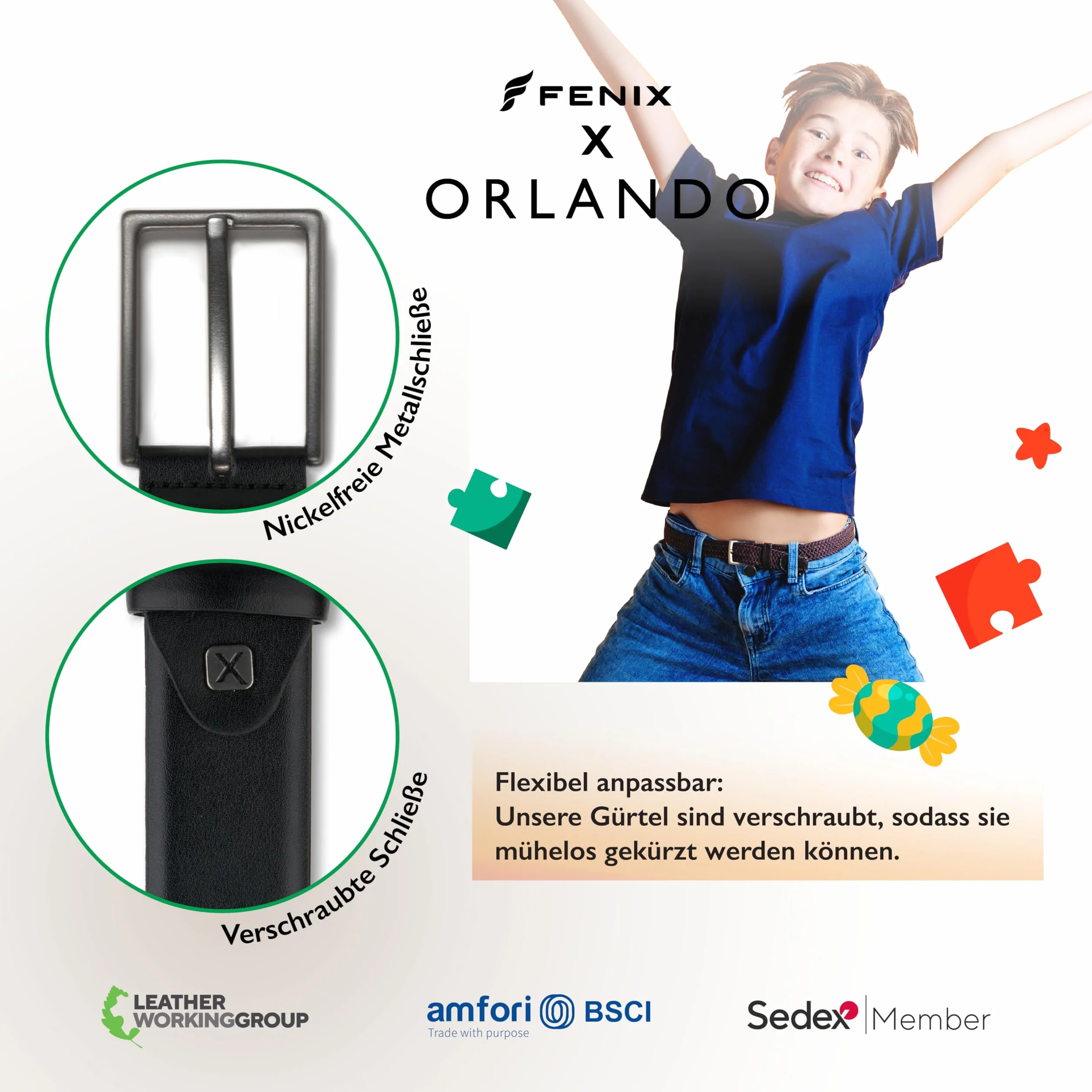 FENIX ORLANDO Cinturón Niños y niñas, cinturón ajustable de cuero para niños y adolescentes, talla 55 cm - 75 cm, hebilla sin níquel de 30 mm de ancho